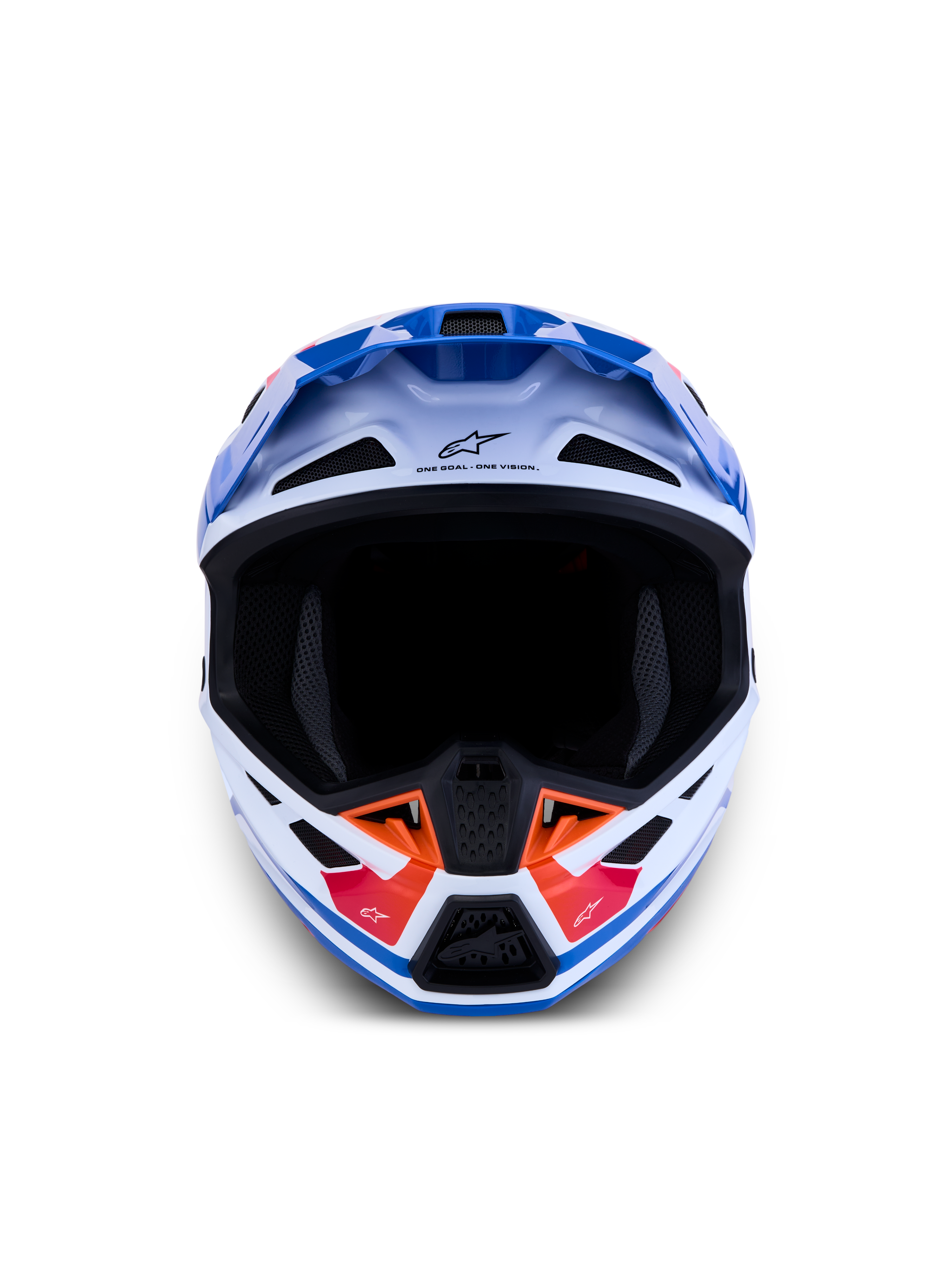 Alpinestars S-M7 Core ECE06, capacete de motocross para todo-o-terreno, branco e azul com pormenores laranja, certificado ECE 22.06, design aerodinâmico e ventilação avançada