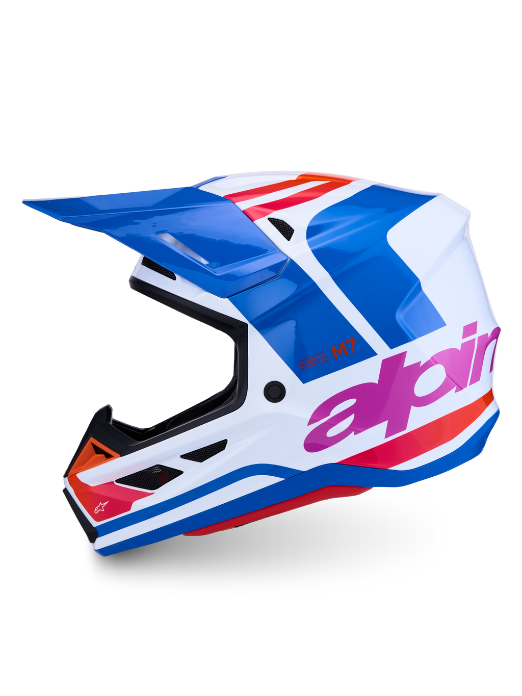 Alpinestars S-M7 Core ECE06, capacete de motocross profissional, azul e branco brilhante com detalhes rosa e laranja, design aerodinâmico para off-road.