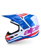 Alpinestars S-M7 Core ECE06, capacete de motocross profissional, azul e branco brilhante com detalhes rosa e laranja, design aerodinâmico para off-road.