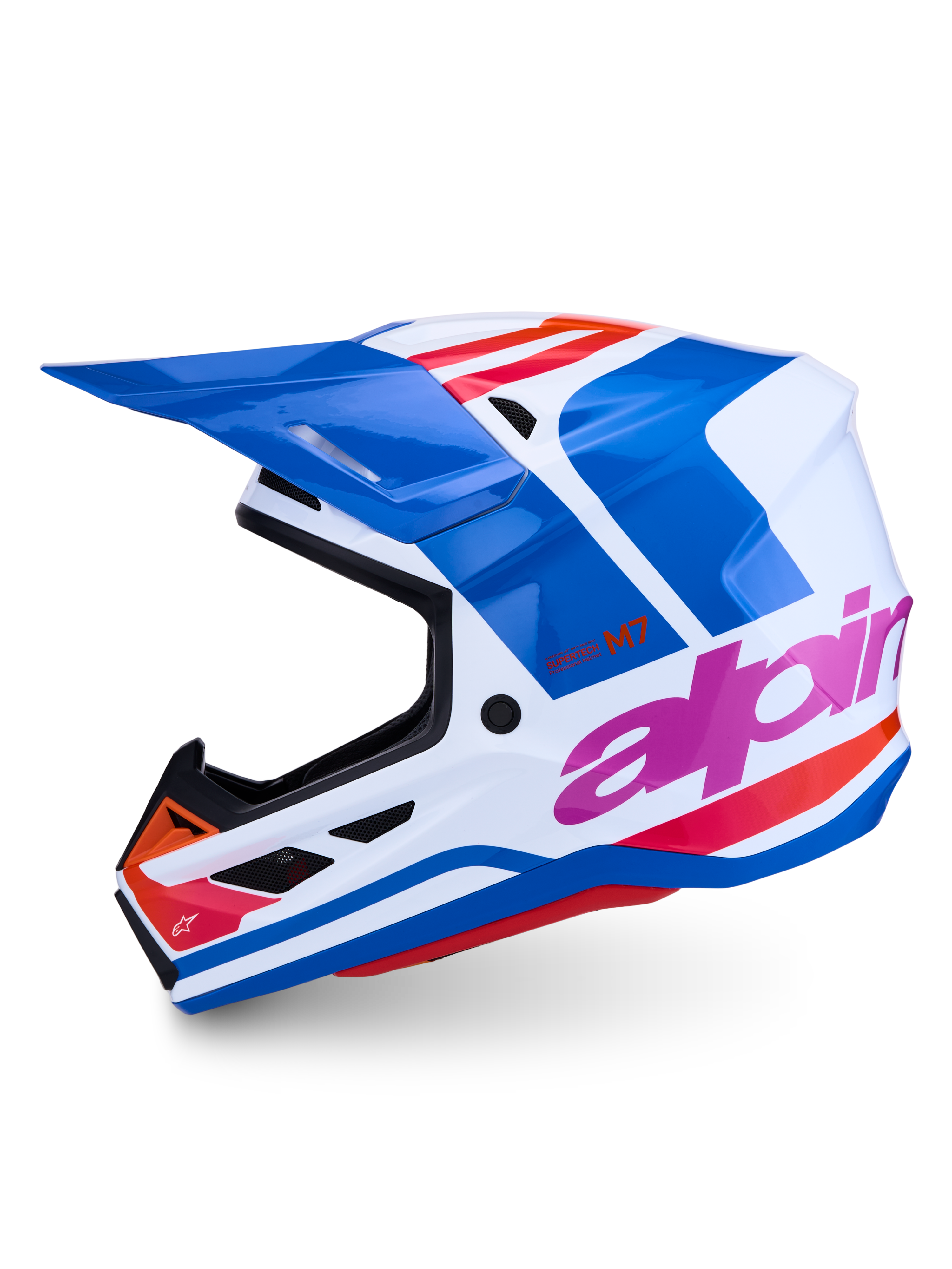 Alpinestars S-M7 Core ECE06, capacete de motocross profissional, azul e branco brilhante com detalhes rosa e laranja, design aerodinâmico para off-road.