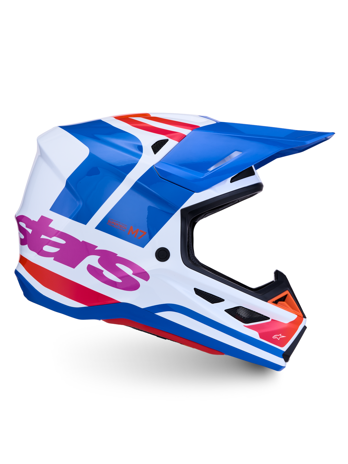 Alpinestars S-M7 Core ECE06, capacete de motocross branco, azul e rosa, acabamento brilhante, certificado ECE 22.06.