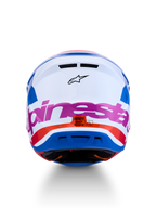 Alpinestars S-M7 Core ECE06, capacete motocross branco e azul com rosa e laranja, vista traseira, certificado ECE 22.06.