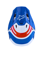 Alpinestars S-M7 Core ECE06, capacete de motocross azul e branco com detalhes laranja, vista superior