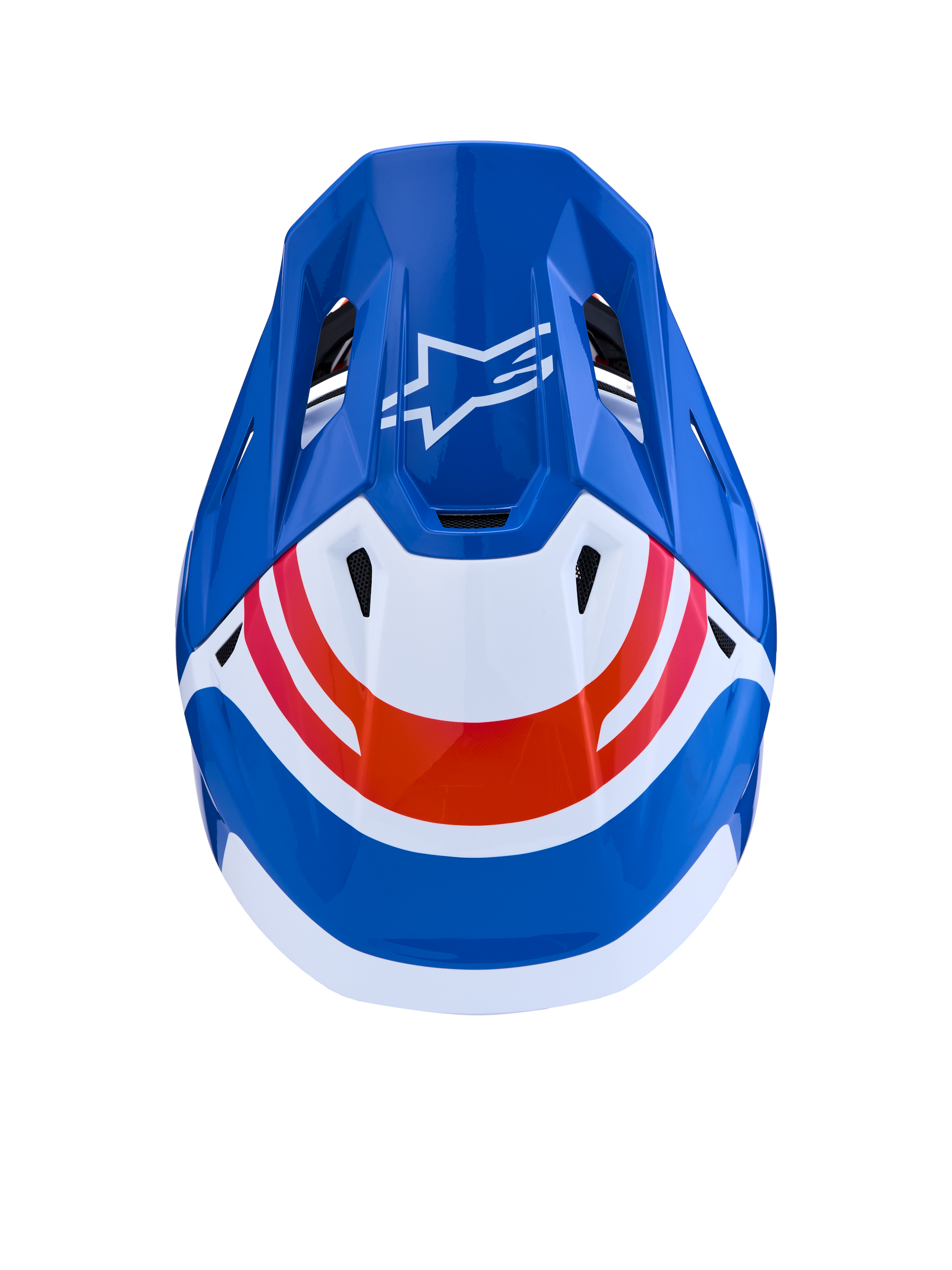 Alpinestars S-M7 Core ECE06, capacete de motocross azul e branco com detalhes laranja, vista superior