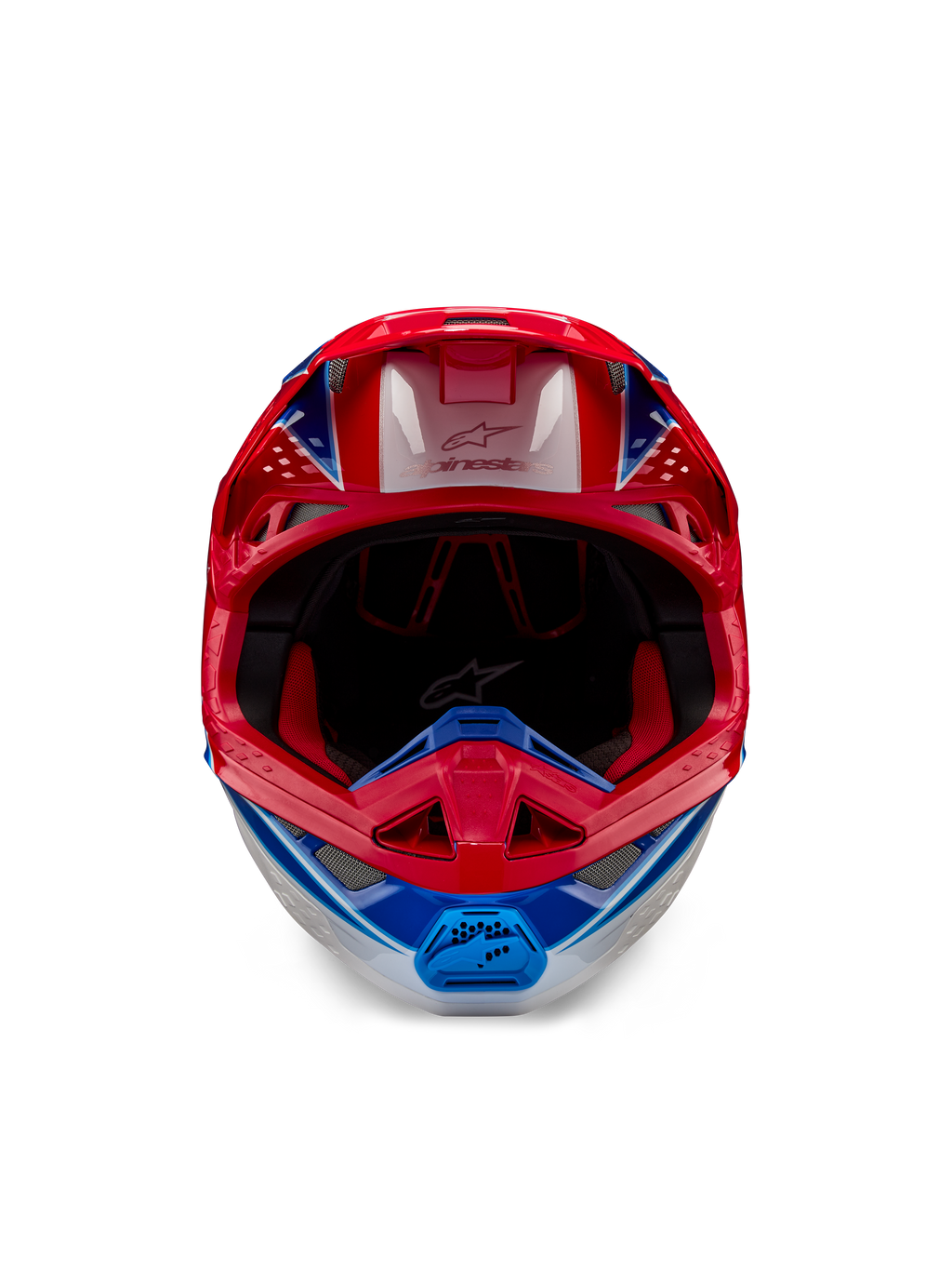 Capacete Alpinestars Supertech M10 Aeon ECE 22.06, capacete de motocross, vermelho e azul brilhante, vista frontal com calota aerodinâmica, barra de queixo ventilada e forro interior vermelho, acabamento brilhante e arrojado para corridas todo-o-terreno
