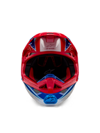 Capacete Alpinestars Supertech M10 Aeon ECE 22.06, capacete de motocross, vermelho e azul brilhante, vista frontal com calota aerodinâmica, barra de queixo ventilada e forro interior vermelho, acabamento brilhante e arrojado para corridas todo-o-terreno