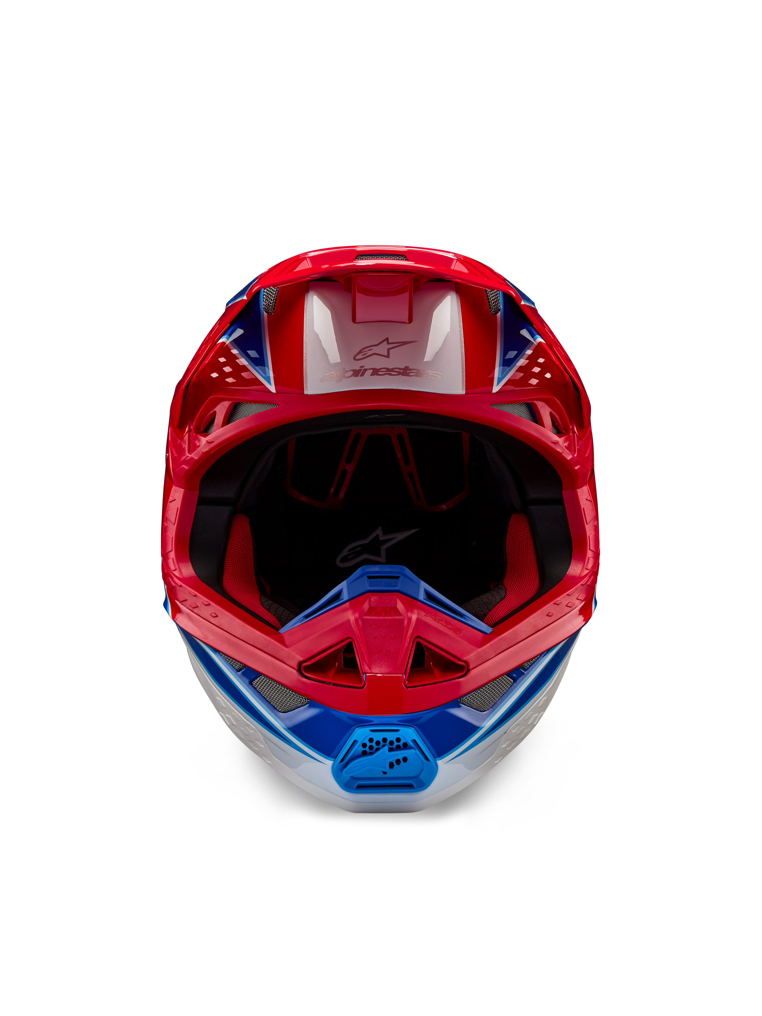 Capacete Alpinestars Supertech M10 Aeon ECE 22.06, capacete de motocross, vermelho e azul brilhante, vista frontal com calota aerodinâmica, barra de queixo ventilada e forro interior vermelho, acabamento brilhante e arrojado para corridas todo-o-terreno