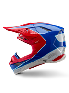 Capacete Alpinestars Supertech M10 Aeon ECE 22.06, capacete de motocross, vermelho e azul brilhante, vista de perfil, calota multi-compósita aerodinâmica com aberturas de ventilação integradas e design gráfico em vermelho e azul, acabamento brilhante para competições off-road