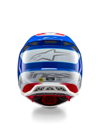 Capacete Alpinestars Supertech M10 Aeon ECE 22.06, capacete de motocross, vista traseira, acabamento brilhante em vermelho e azul, logótipo Alpinestars prateado, múltiplas aberturas de ventilação, autocolantes de segurança MIPS e ECE, proteção profissional de competição