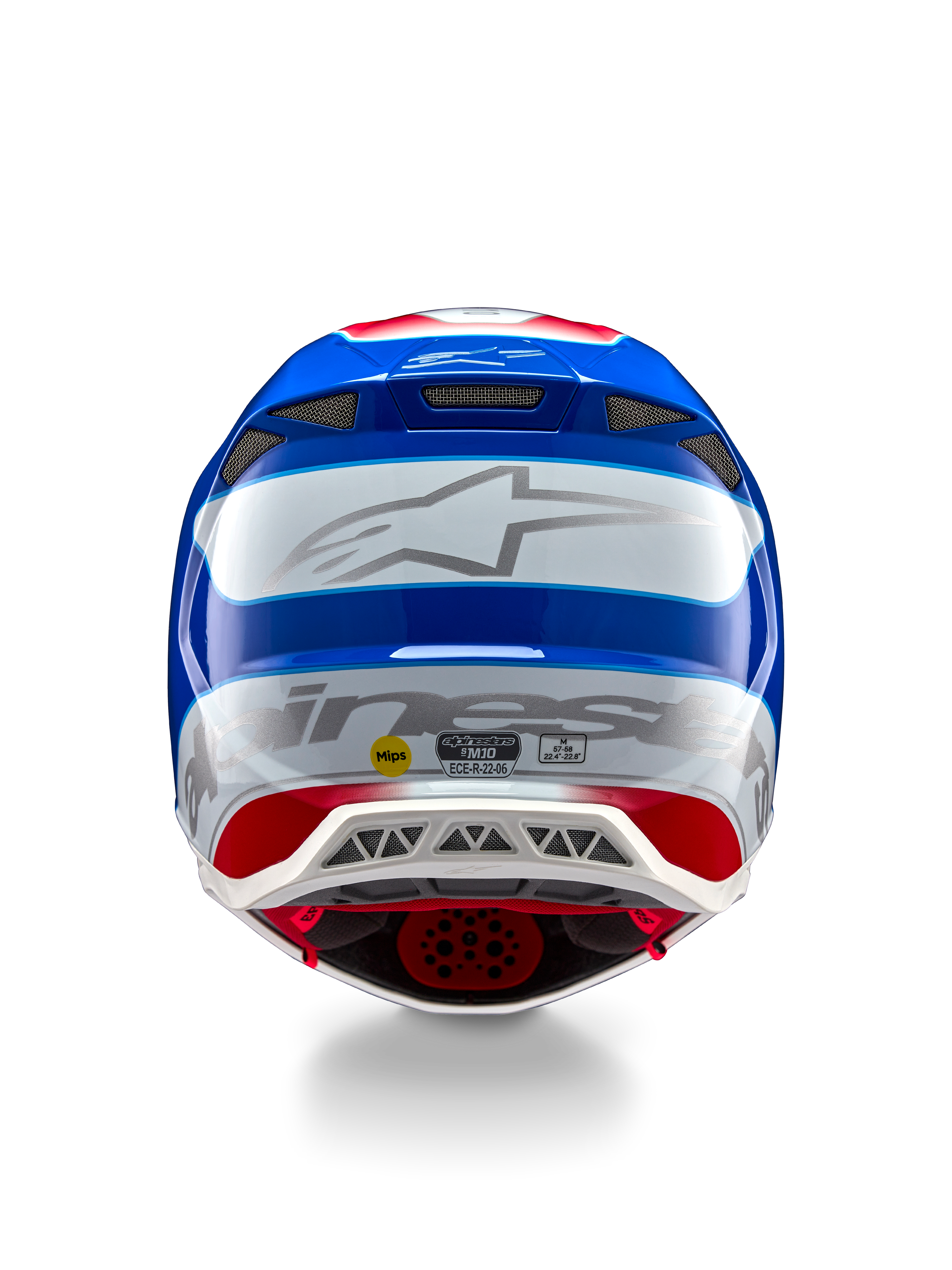 Capacete Alpinestars Supertech M10 Aeon ECE 22.06, capacete de motocross, vista traseira, acabamento brilhante em vermelho e azul, logótipo Alpinestars prateado, múltiplas aberturas de ventilação, autocolantes de segurança MIPS e ECE, proteção profissional de competição