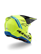 Alpinestars S-M3 Youth Radium Helmet ECE 22.06, Motocross Helmet, Yellow Fluo with Black and Blue accents, rear three-quarter view showing black visor with yellow branding and blue base trim