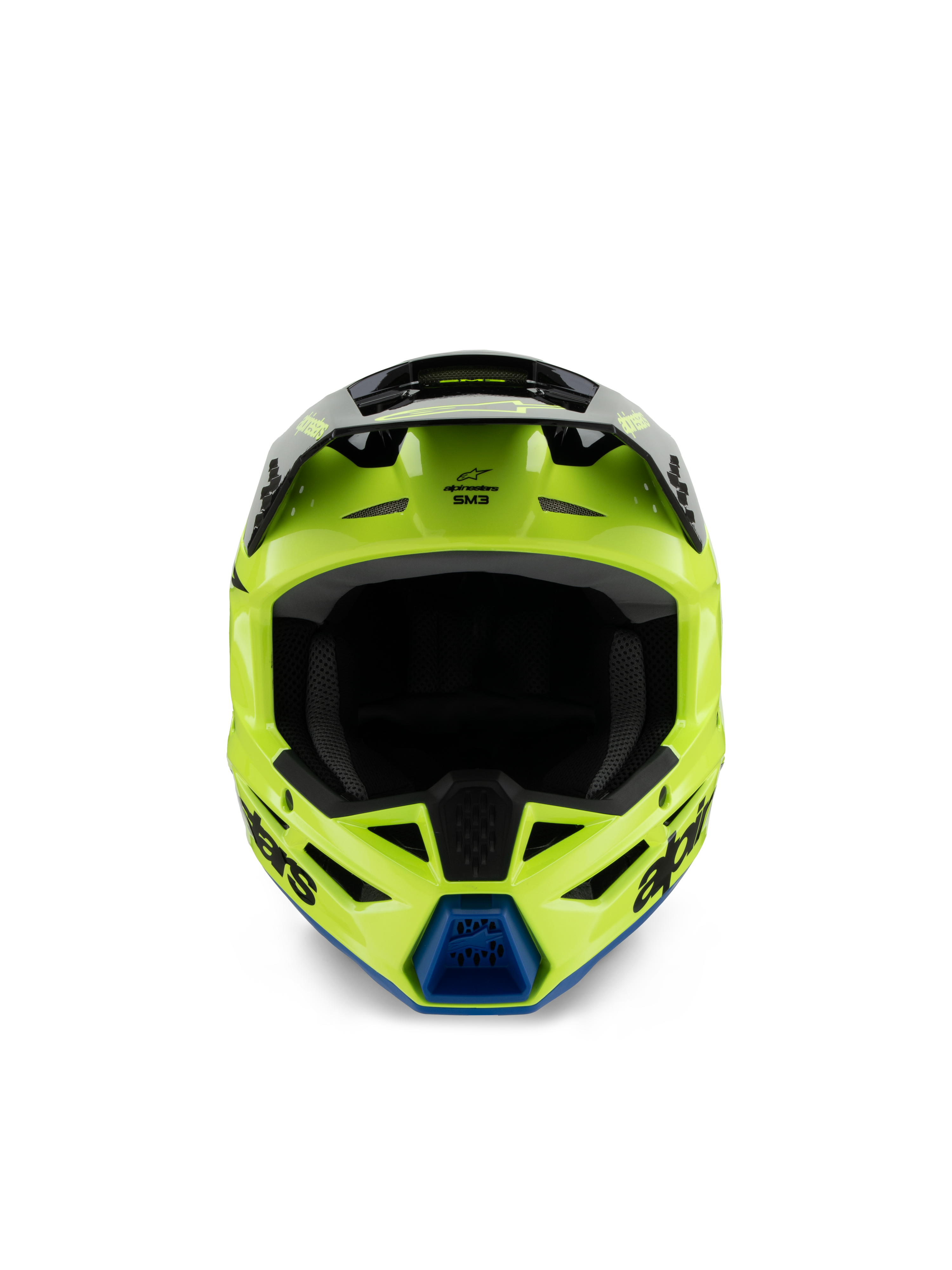 Alpinestars S-M3 Youth Radium Helmet, Motocross Helmet, Yellow Fluo Black and Blue, front view showing black visor and blue chin vent, bold Alpinestars branding, sleek aerodynamic profile for youth off-road racing