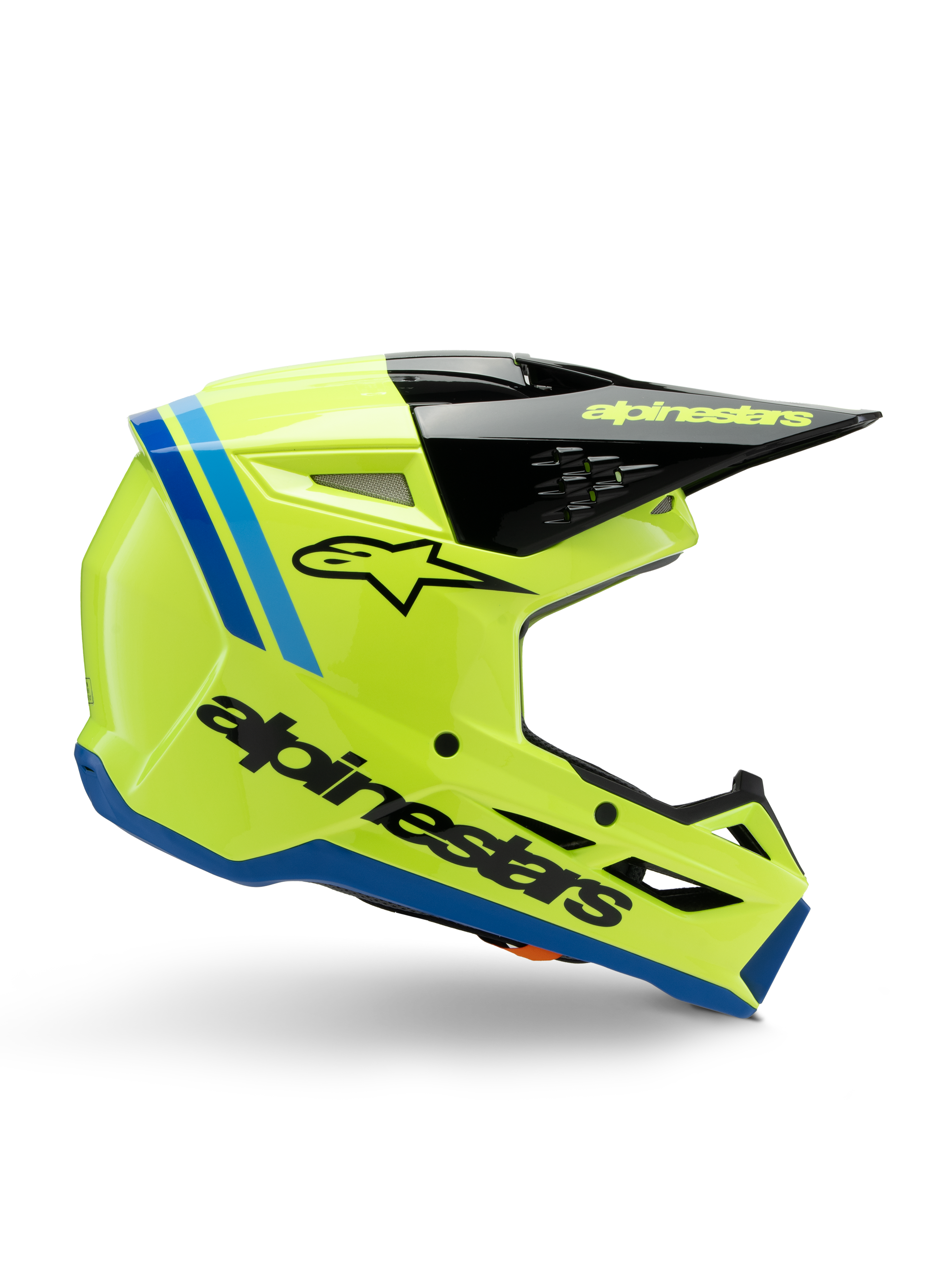 Capacete Alpinestars S-M3 Youth Radium, capacete de motocross para jovens, amarelo florescente brilhante com detalhes em preto e azul, vista lateral realçando o design aerodinâmico, pala preta com logótipo amarelo, logótipo da marca em preto na lateral, proteção certificada ECE 22.06 para corridas off-road