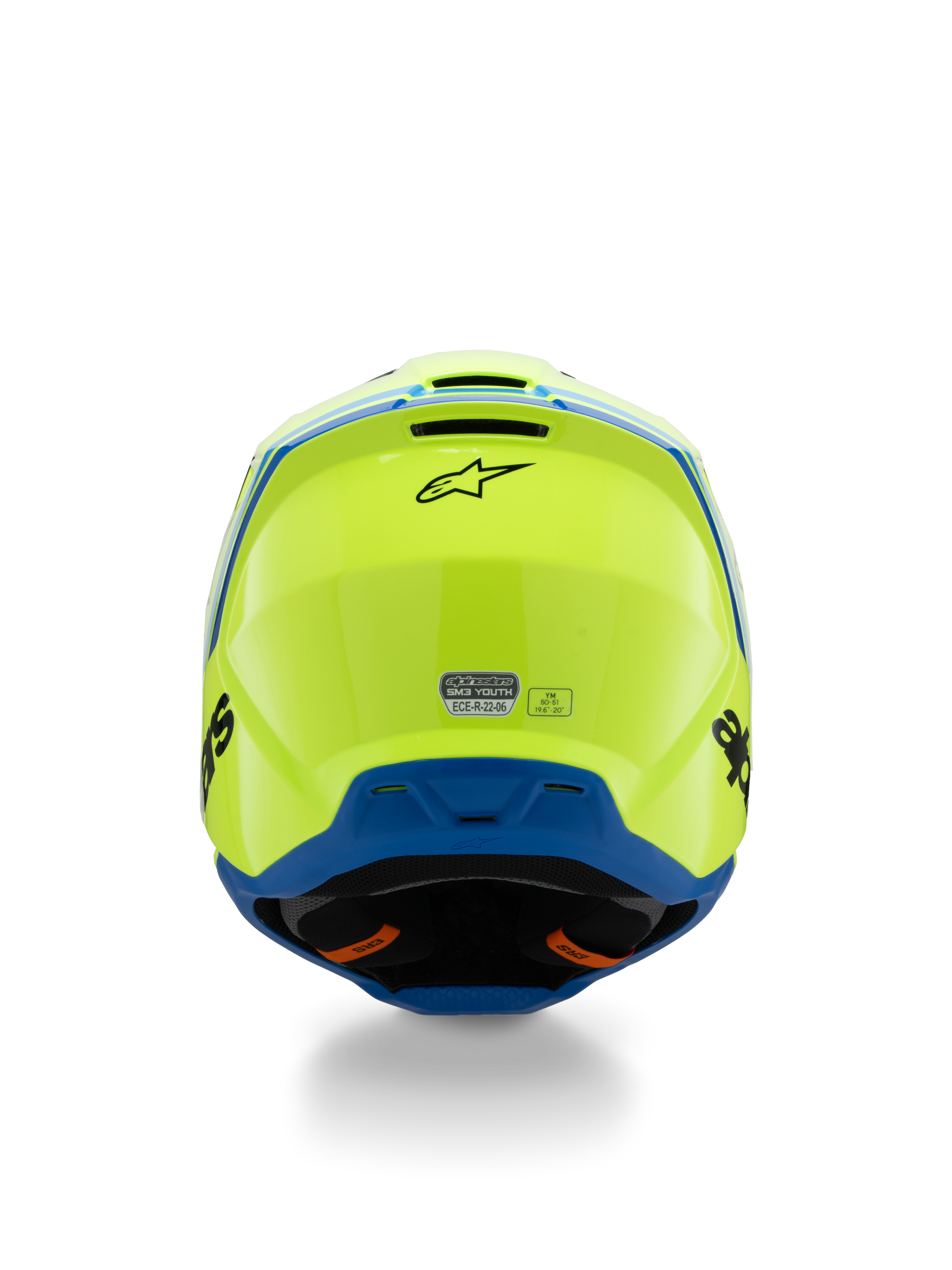 Alpinestars S-M3 Youth Radium Helmet ECE 22.06, Motocross Helmet, Yellow Fluo and Blue, rear view featuring black Alpinestars logo and ECE certification sticker, aerodynamic shell design for youth off-road racing