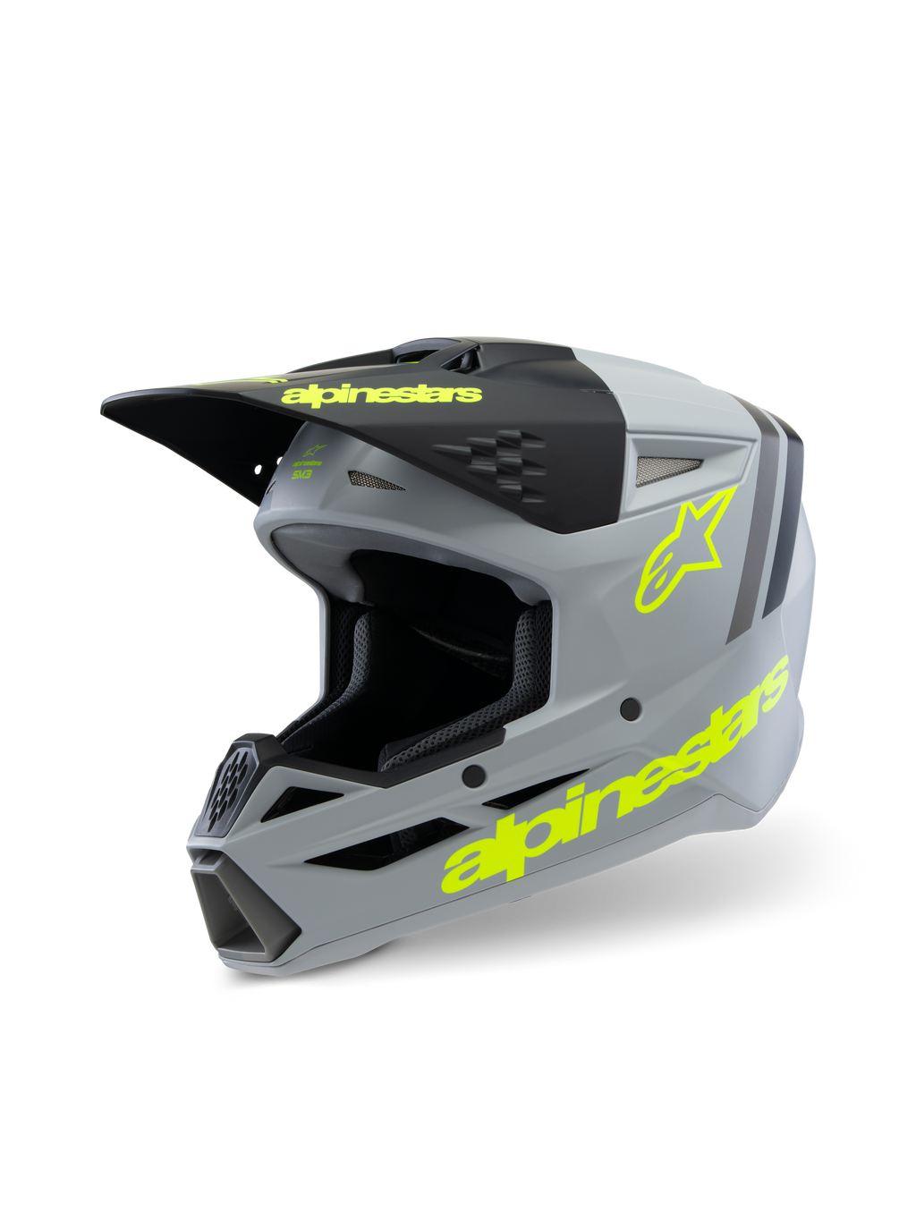 Alpinestars S-M3 Youth Radium Helmet ECE 22.06, capacete de motocross, cinzento mate e preto com detalhes em amarelo fluorescente, com marca Alpinestars e logótipo de estrela em destaque, equipamento de proteção para todo-o-terreno para jovens