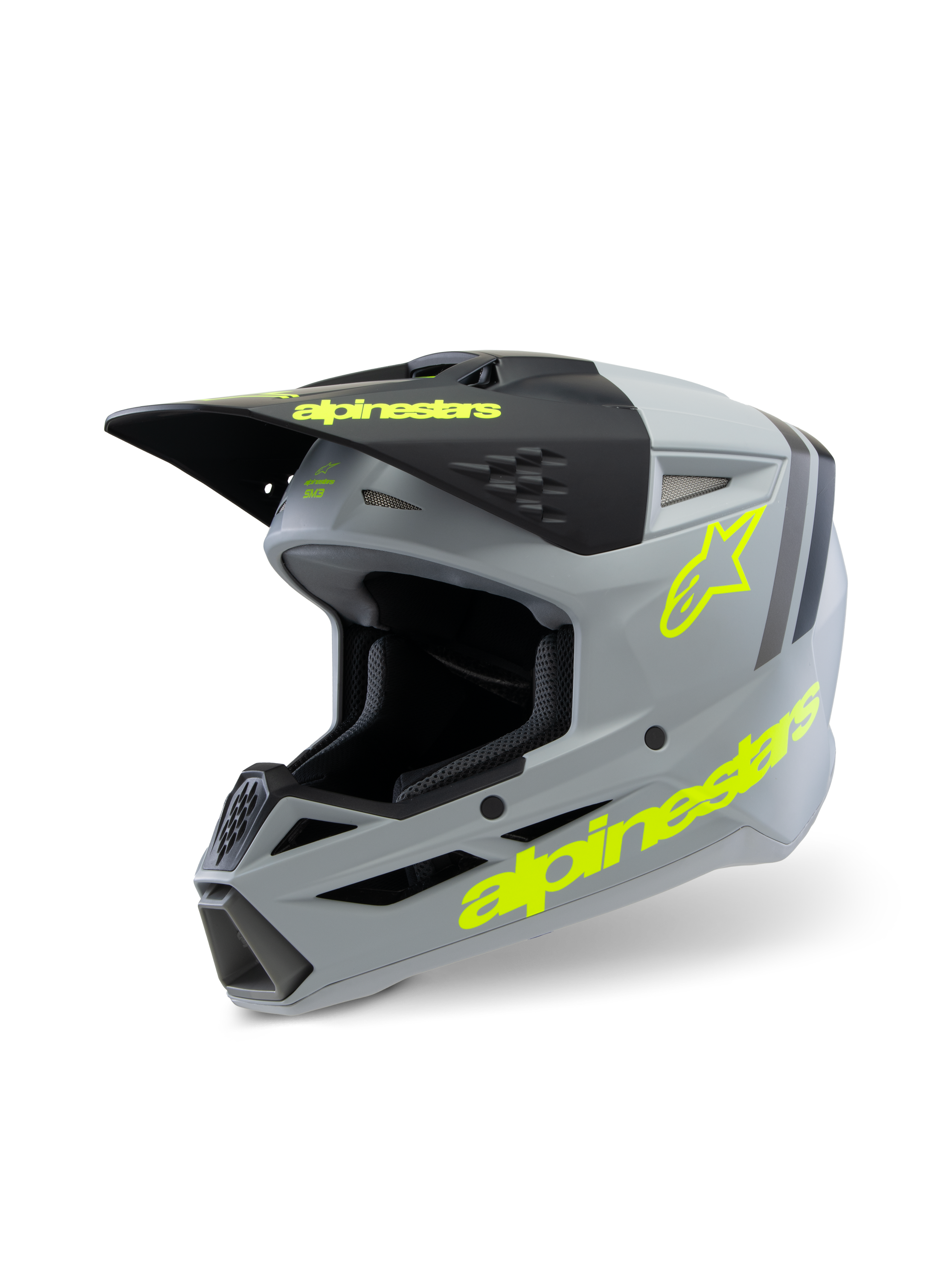 Alpinestars S-M3 Youth Radium Helmet ECE 22.06, capacete de motocross, cinzento mate e preto com detalhes em amarelo fluorescente, com marca Alpinestars e logótipo de estrela em destaque, equipamento de proteção para todo-o-terreno para jovens