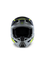 Capacete Alpinestars S-M3 Youth Radium, capacete de motocross, cinzento, preto e amarelo fluo mate, vista frontal com uma calota angular agressiva, logótipos amarelos vibrantes nas laterais e na pala, acabamento mate concebido para motocross e corridas off-road para jovens
