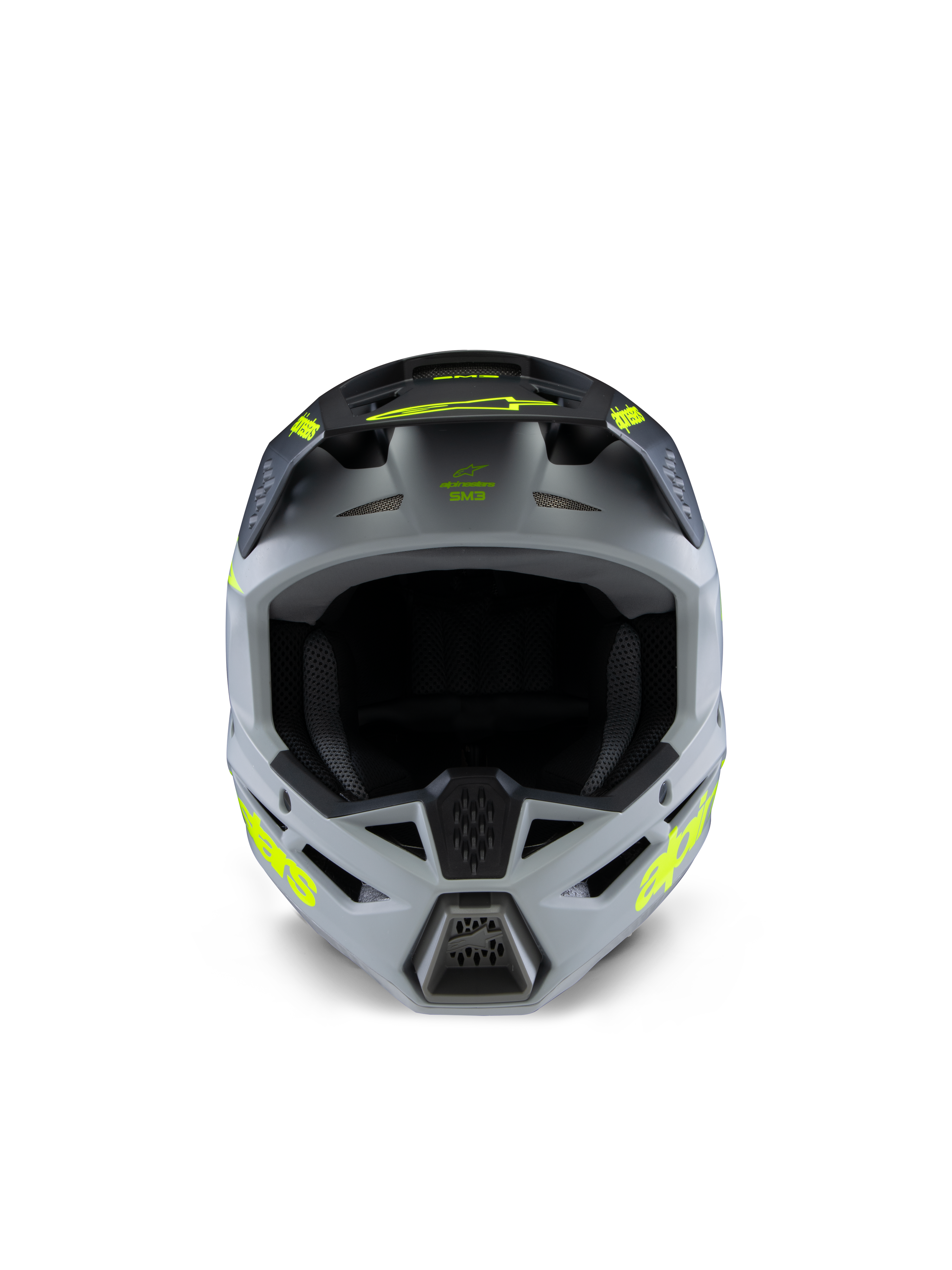 Capacete Alpinestars S-M3 Youth Radium, capacete de motocross, cinzento, preto e amarelo fluo mate, vista frontal com uma calota angular agressiva, logótipos amarelos vibrantes nas laterais e na pala, acabamento mate concebido para motocross e corridas off-road para jovens