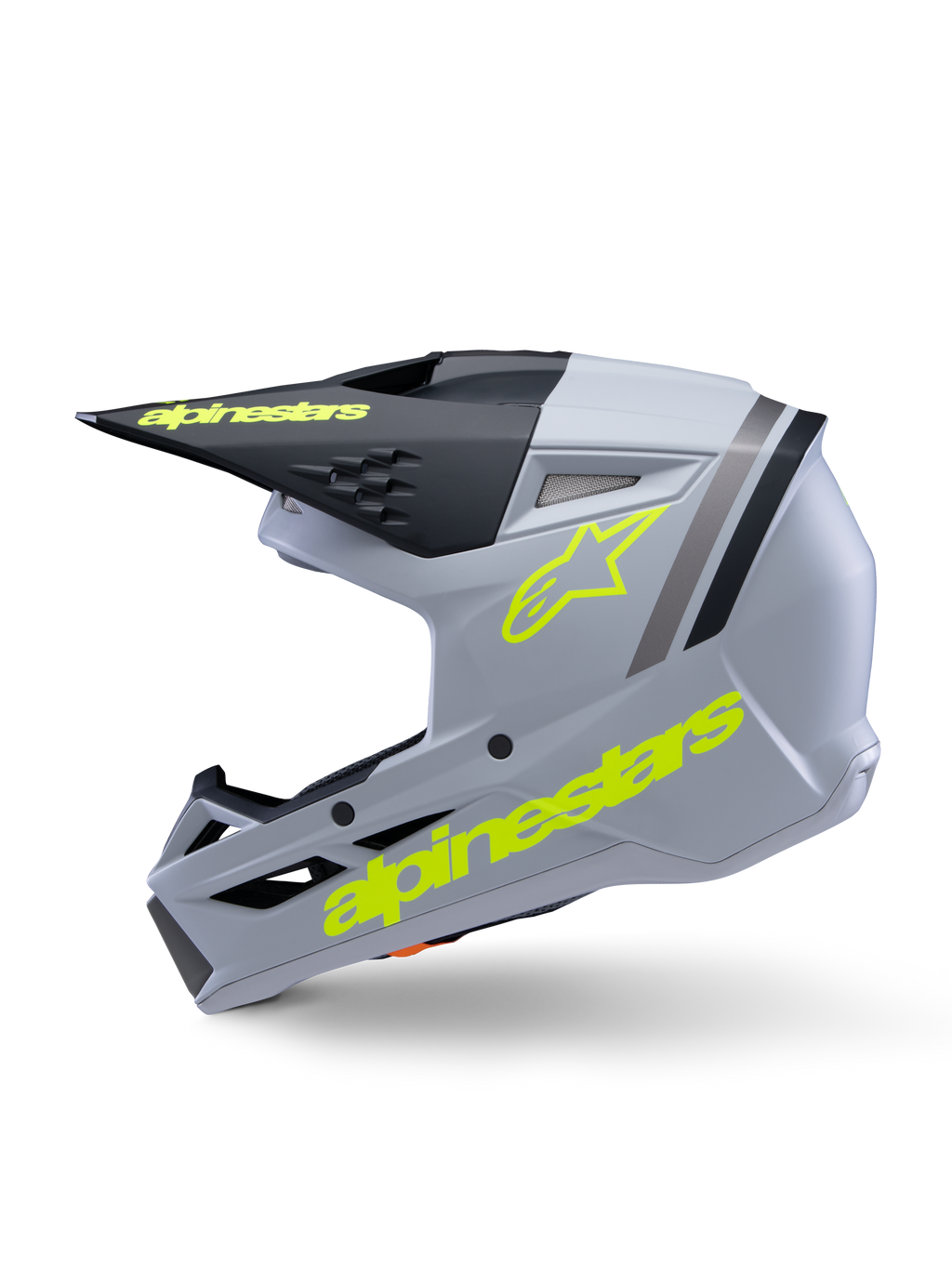 Alpinestars S-M3 Youth Radium Helmet ECE 22.06, capacete de motocross, cinzento, preto e amarelo néon mate, vista lateral com logótipos Alpinestars em amarelo néon e viseira preta, equipamento de proteção aerodinâmico para jovens pilotos