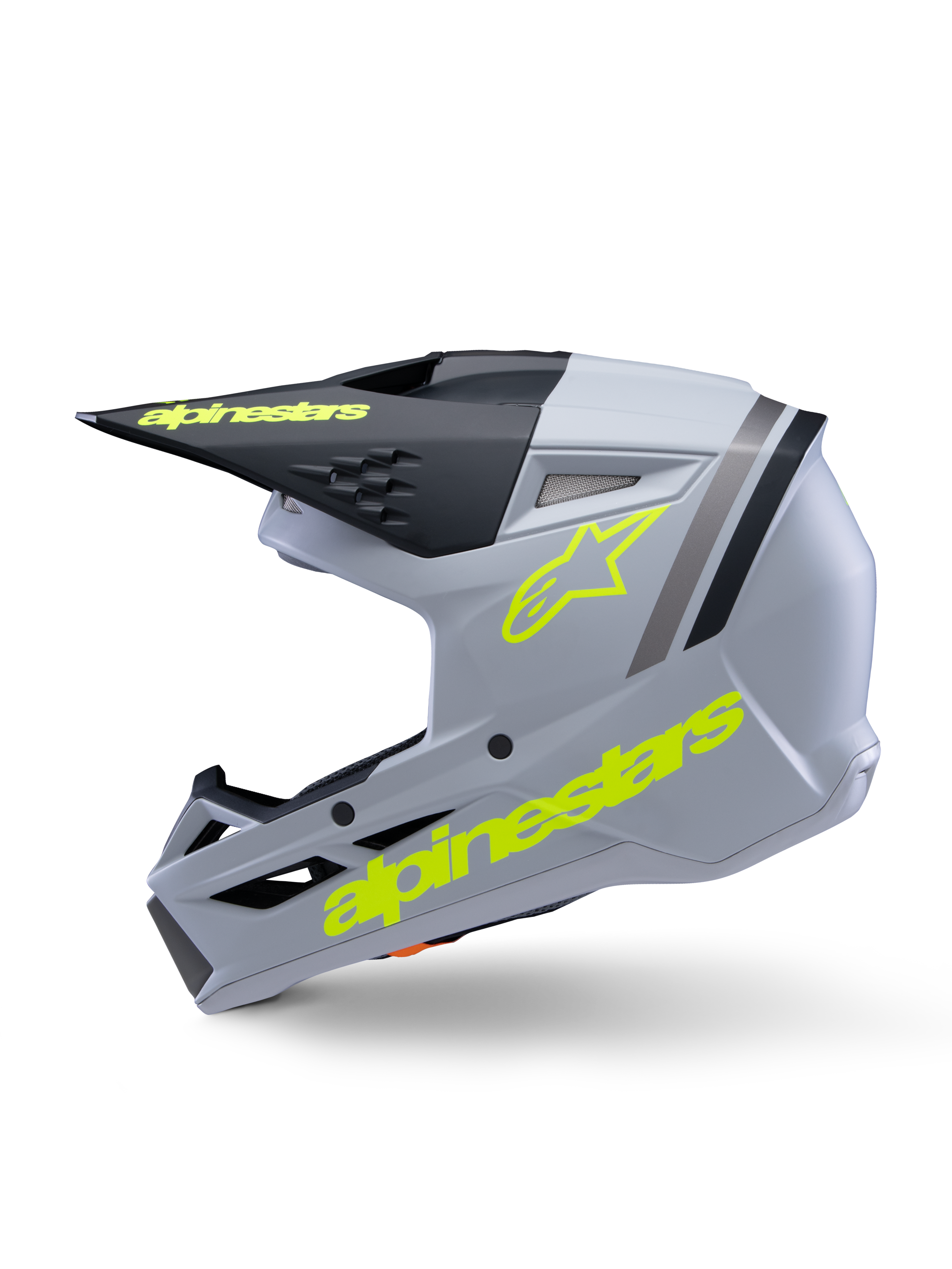 Alpinestars S-M3 Youth Radium Helmet ECE 22.06, capacete de motocross, cinzento, preto e amarelo néon mate, vista lateral com logótipos Alpinestars em amarelo néon e viseira preta, equipamento de proteção aerodinâmico para jovens pilotos