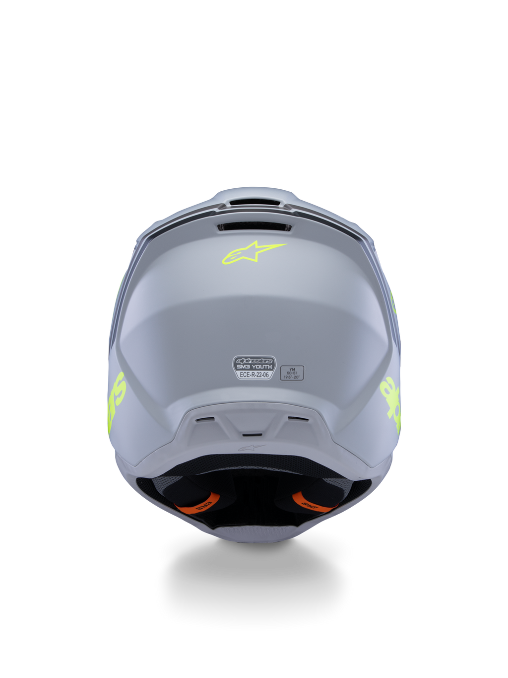 Capacete Alpinestars S-M3 Youth Radium ECE 22.06, Cinzento, Preto e Amarelo Fluo Mate, vista traseira mostrando as aberturas de ventilação e etiquetas de certificação, logótipo de estrela em amarelo fluorescente, design de calota aerodinâmico para motocross e corridas off-road