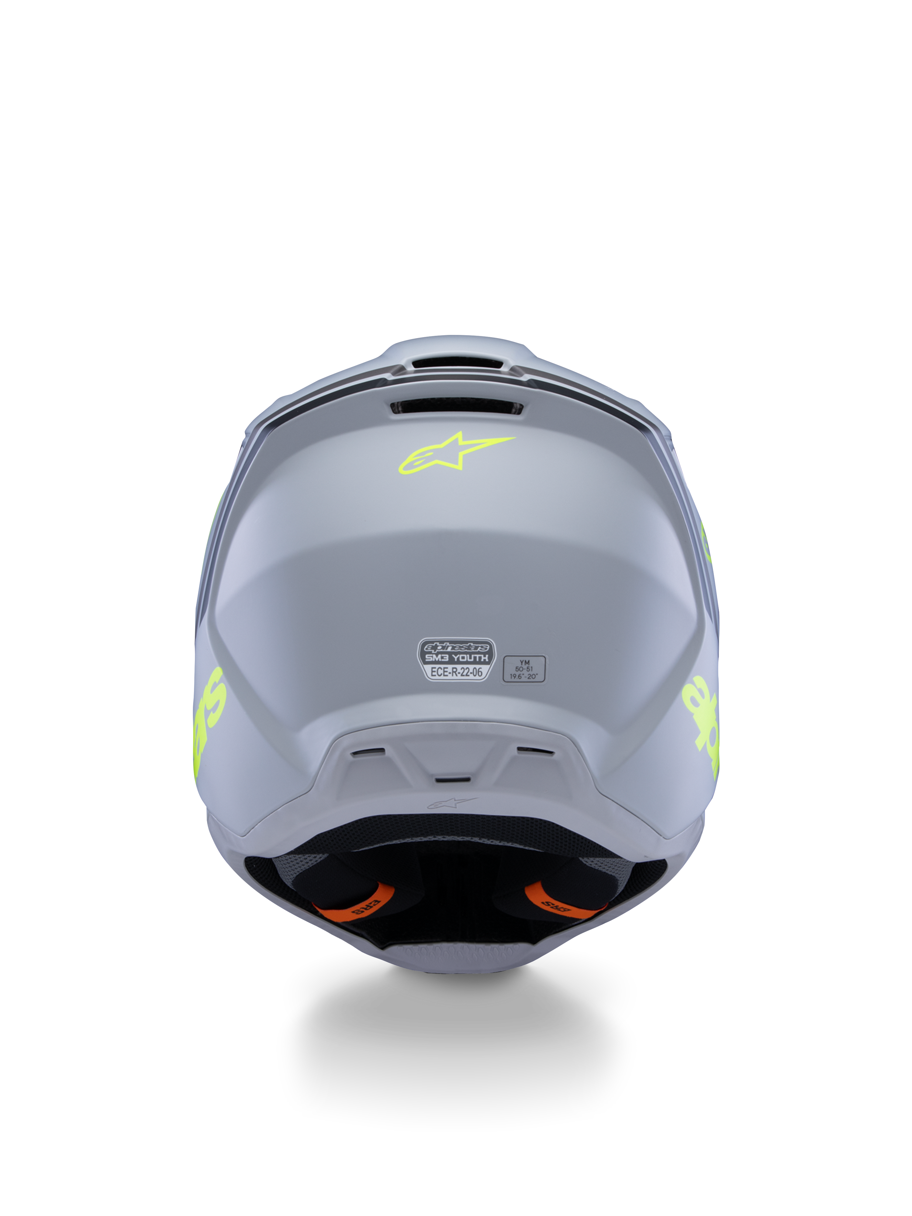 Capacete Alpinestars S-M3 Youth Radium ECE 22.06, Cinzento, Preto e Amarelo Fluo Mate, vista traseira mostrando as aberturas de ventilação e etiquetas de certificação, logótipo de estrela em amarelo fluorescente, design de calota aerodinâmico para motocross e corridas off-road