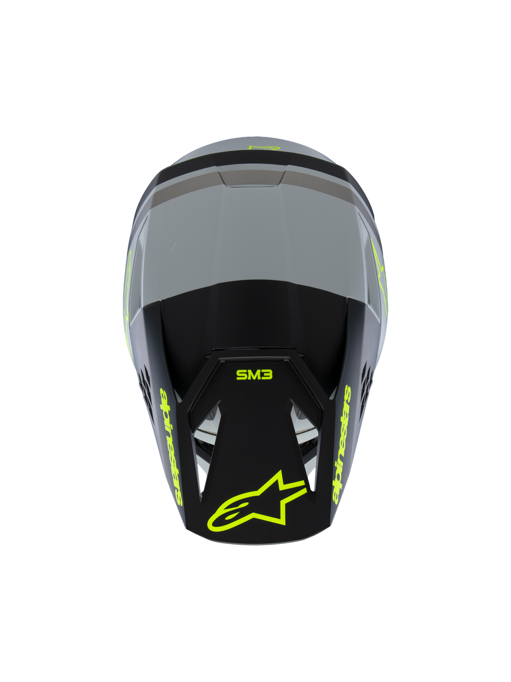 Alpinestars S-M3 Youth Radium Helmet ECE 22.06, capacete de motocross, cinzento mate e preto com detalhes em amarelo fluorescente, vista superior mostrando a marca Alpinestars e SM3, proteção de cabeça especializada para jovens em todo-o-terreno