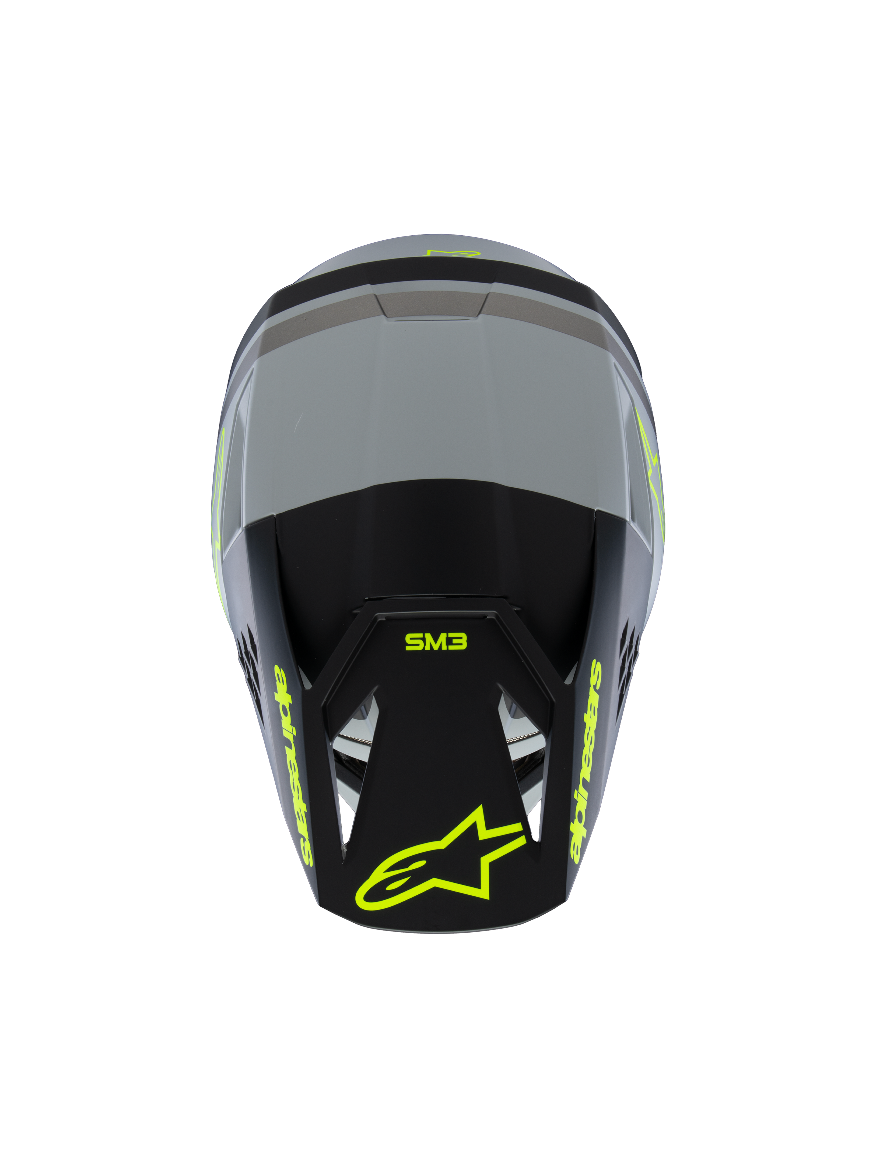 Alpinestars S-M3 Youth Radium Helmet ECE 22.06, capacete de motocross, cinzento mate e preto com detalhes em amarelo fluorescente, vista superior mostrando a marca Alpinestars e SM3, proteção de cabeça especializada para jovens em todo-o-terreno