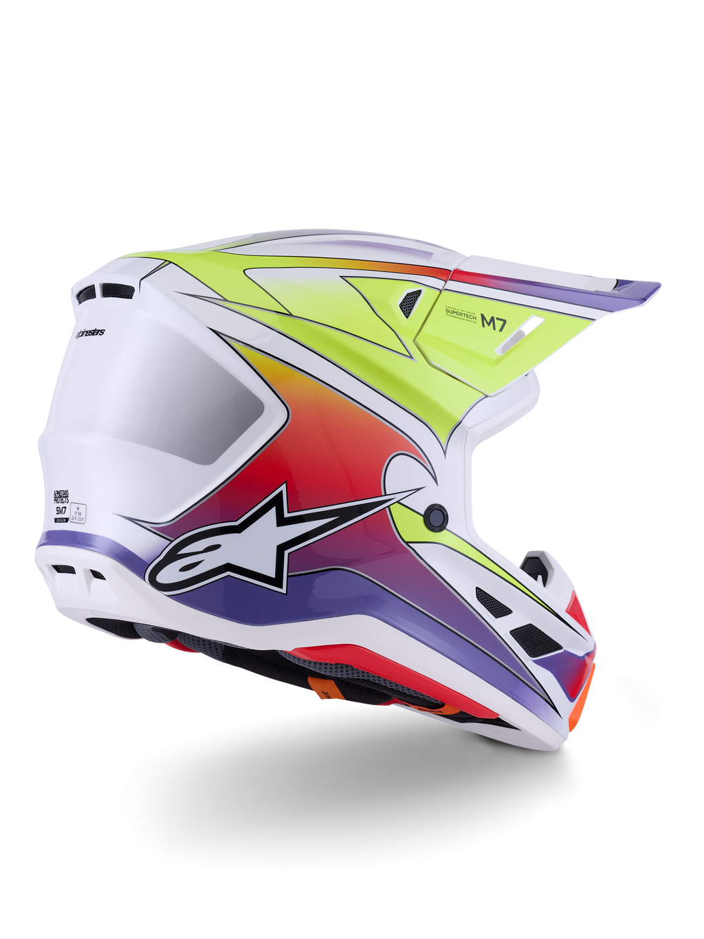 Capacete Alpinestars S-M7 Fuse, capacete de motocross, branco, amarelo néon e roxo brilhante, gráficos vibrantes com gradiente multicolorido e logótipo de estrela proeminente a preto e branco, calota composta aerodinâmica com aberturas de ventilação integradas, concebido para corridas fora de estrada