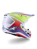 Capacete Alpinestars S-M7 Fuse, capacete de motocross, branco, amarelo néon e roxo brilhante, gráficos vibrantes com gradiente multicolorido e logótipo de estrela proeminente a preto e branco, calota composta aerodinâmica com aberturas de ventilação integradas, concebido para corridas fora de estrada