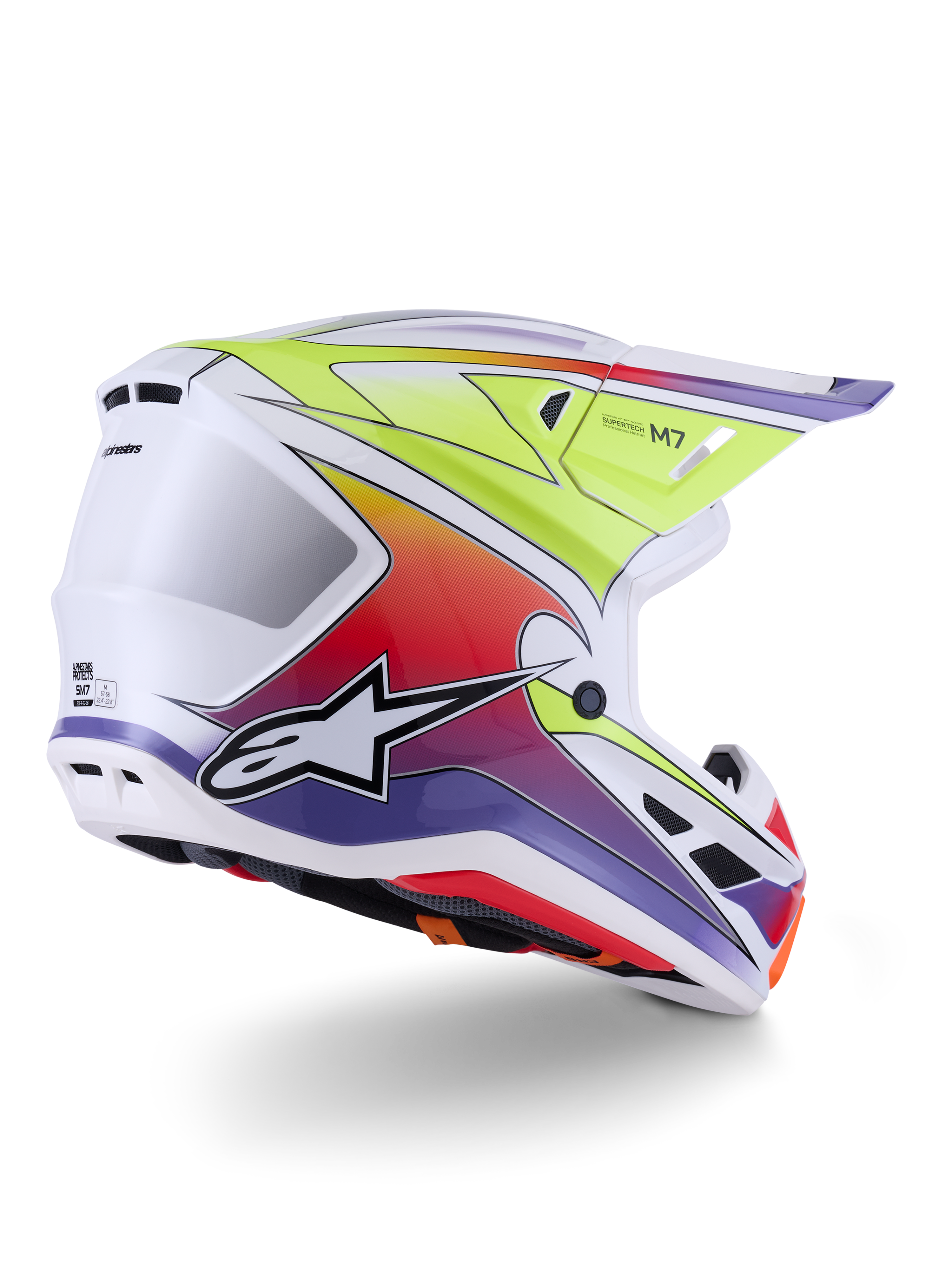 Capacete Alpinestars S-M7 Fuse, capacete de motocross, branco, amarelo néon e roxo brilhante, gráficos vibrantes com gradiente multicolorido e logótipo de estrela proeminente a preto e branco, calota composta aerodinâmica com aberturas de ventilação integradas, concebido para corridas fora de estrada