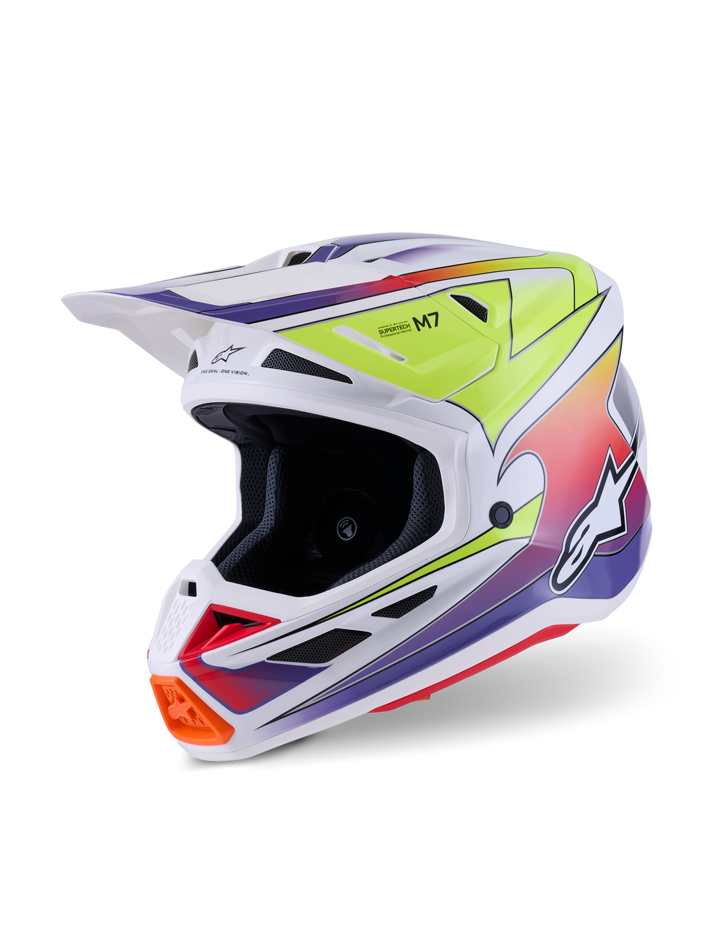 Capacete Alpinestars S-M7 Fuse, capacete de motocross, branco com gráficos degradê em amarelo néon e roxo, com calota composta aerodinâmica, viseira integrada, múltiplas aberturas de ventilação e design de corrida de alta performance para uso em todo-o-terreno