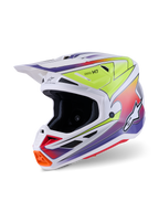 Capacete Alpinestars S-M7 Fuse, capacete de motocross, branco com gráficos degradê em amarelo néon e roxo, com calota composta aerodinâmica, viseira integrada, múltiplas aberturas de ventilação e design de corrida de alta performance para uso em todo-o-terreno