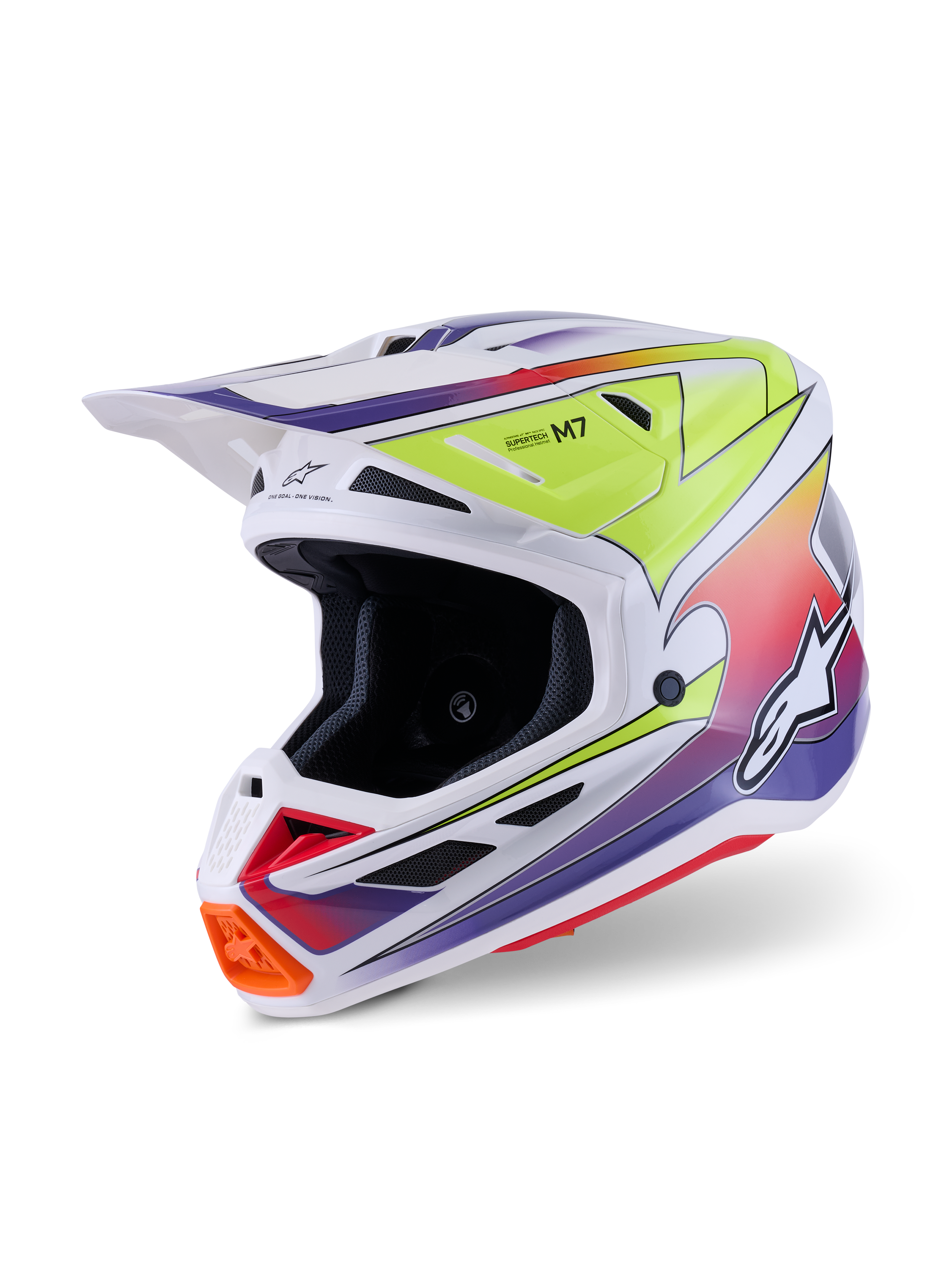 Capacete Alpinestars S-M7 Fuse, capacete de motocross, branco com gráficos degradê em amarelo néon e roxo, com calota composta aerodinâmica, viseira integrada, múltiplas aberturas de ventilação e design de corrida de alta performance para uso em todo-o-terreno