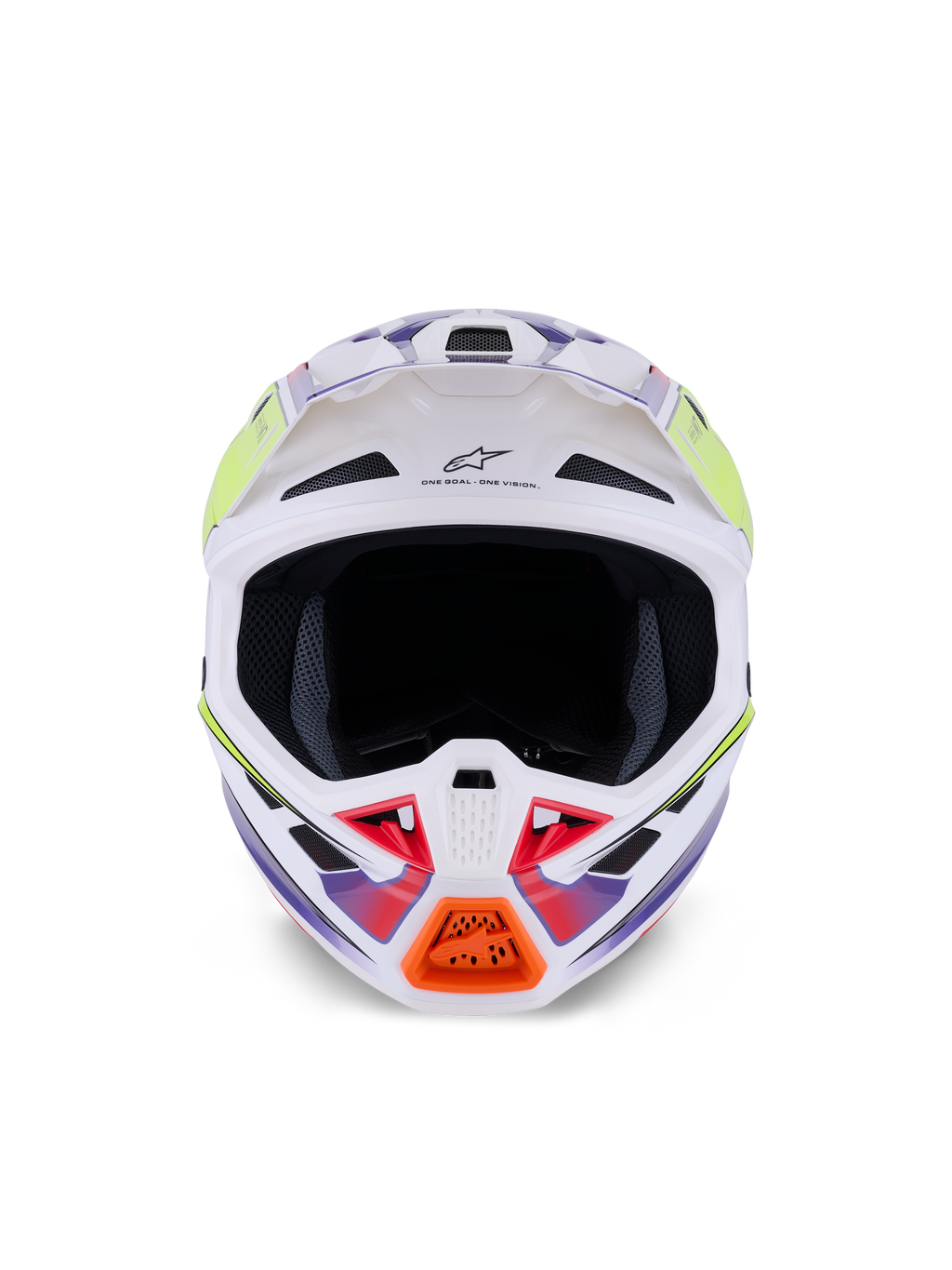 Capacete Alpinestars S-M7 Fuse, capacete de motocross, branco, amarelo néon e roxo brilhante, vista frontal com múltiplas entradas de ar, calota composta aerodinâmica e detalhe laranja na barra de queixo