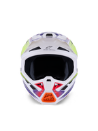 Capacete Alpinestars S-M7 Fuse, capacete de motocross, branco, amarelo néon e roxo brilhante, vista frontal com múltiplas entradas de ar, calota composta aerodinâmica e detalhe laranja na barra de queixo