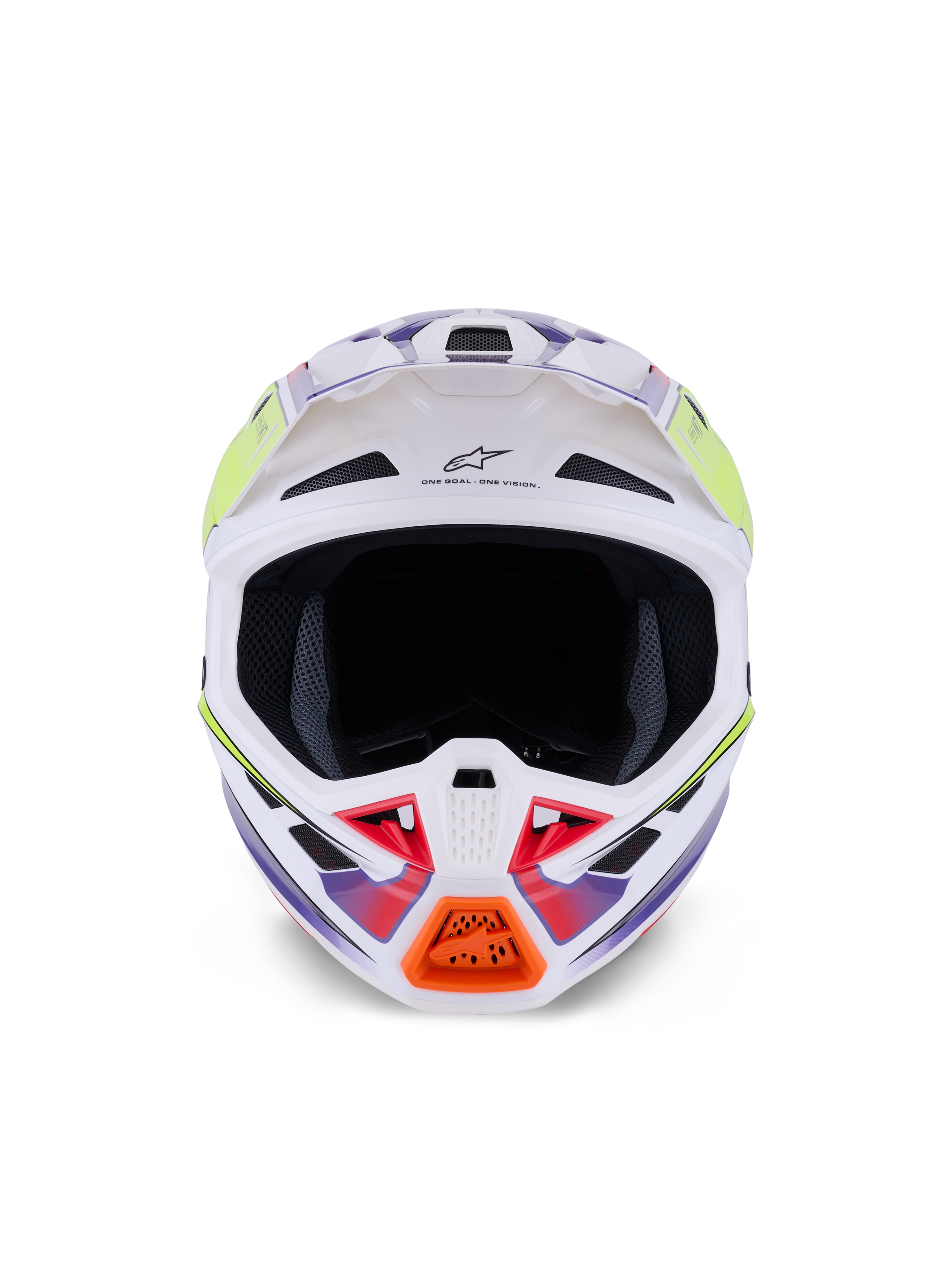 Capacete Alpinestars S-M7 Fuse, capacete de motocross, branco, amarelo néon e roxo brilhante, vista frontal com múltiplas entradas de ar, calota composta aerodinâmica e detalhe laranja na barra de queixo
