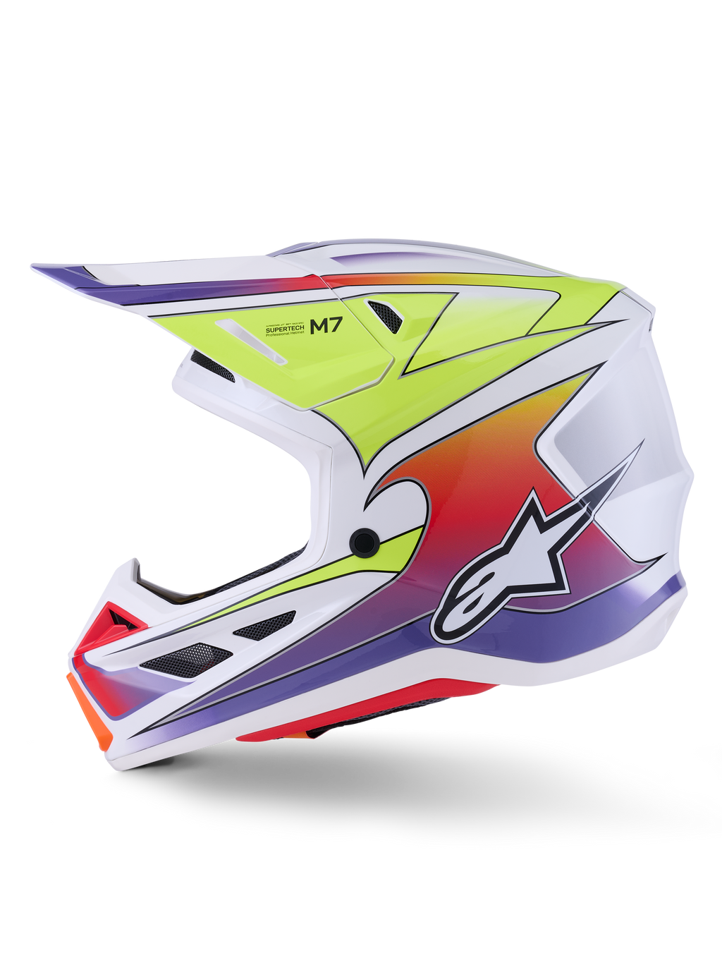Capacete Alpinestars S-M7 Fuse, capacete de motocross, branco, amarelo néon e roxo brilhante, vista de perfil lateral exibindo a calota aerodinâmica com gráficos de gradiente colorido, entradas de ventilação pretas e logótipo Alpinestars branco, equipamento de competição off-road de alto desempenho.