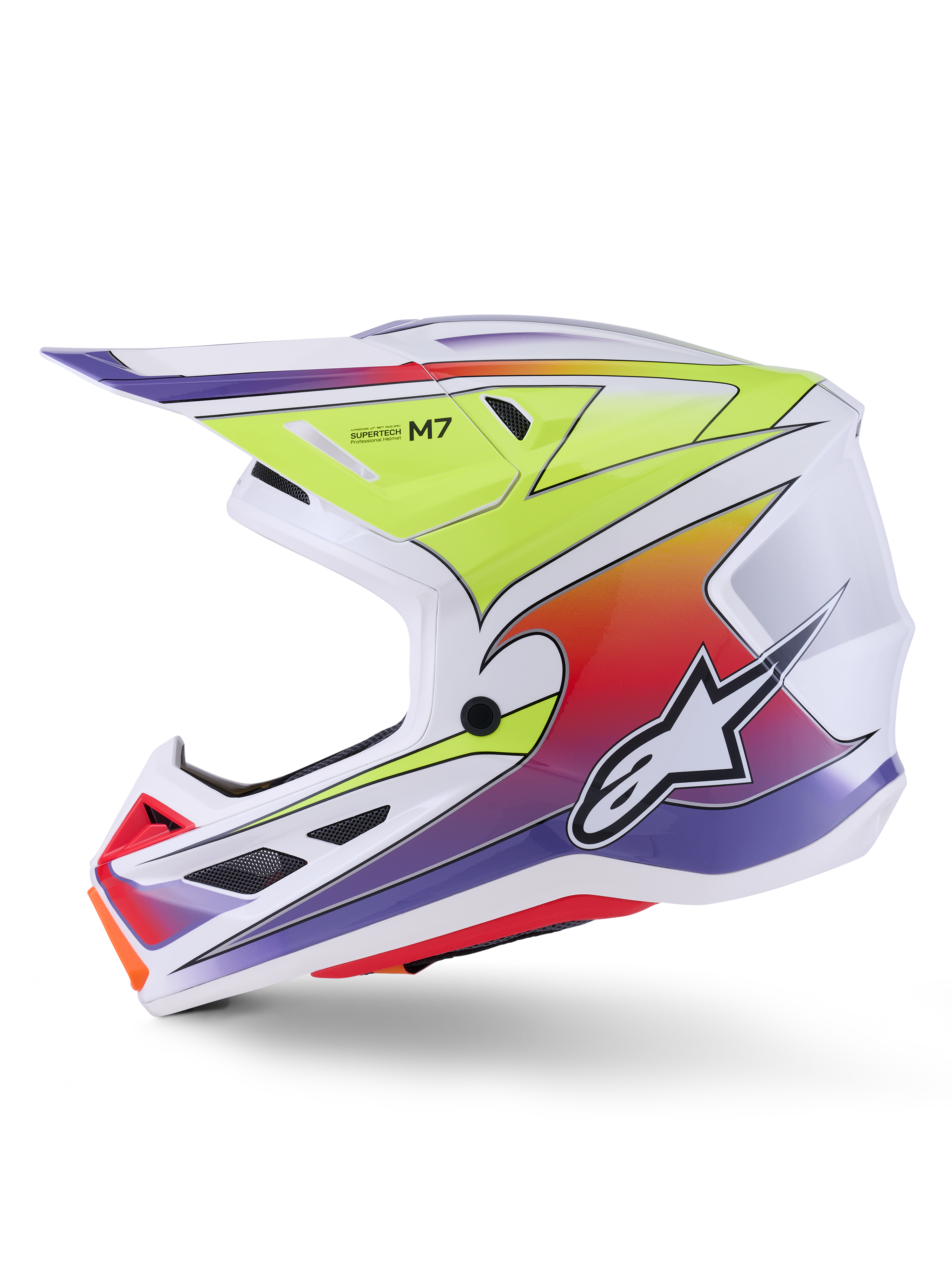 Capacete Alpinestars S-M7 Fuse, capacete de motocross, branco, amarelo néon e roxo brilhante, vista de perfil lateral exibindo a calota aerodinâmica com gráficos de gradiente colorido, entradas de ventilação pretas e logótipo Alpinestars branco, equipamento de competição off-road de alto desempenho.