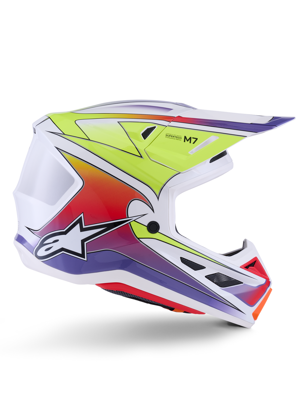 Capacete Alpinestars S-M7 Fuse, capacete de motocross, branco com gradientes em amarelo néon, vermelho e roxo, acabamento brilhante com calota aerodinâmica, viseira integrada e aberturas de ventilação em malha preta.