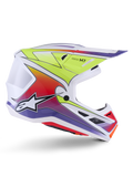 Capacete Alpinestars S-M7 Fuse, capacete de motocross, branco com gradientes em amarelo néon, vermelho e roxo, acabamento brilhante com calota aerodinâmica, viseira integrada e aberturas de ventilação em malha preta.