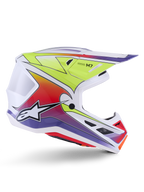 Capacete Alpinestars S-M7 Fuse, capacete de motocross, branco com gradientes em amarelo néon, vermelho e roxo, acabamento brilhante com calota aerodinâmica, viseira integrada e aberturas de ventilação em malha preta.
