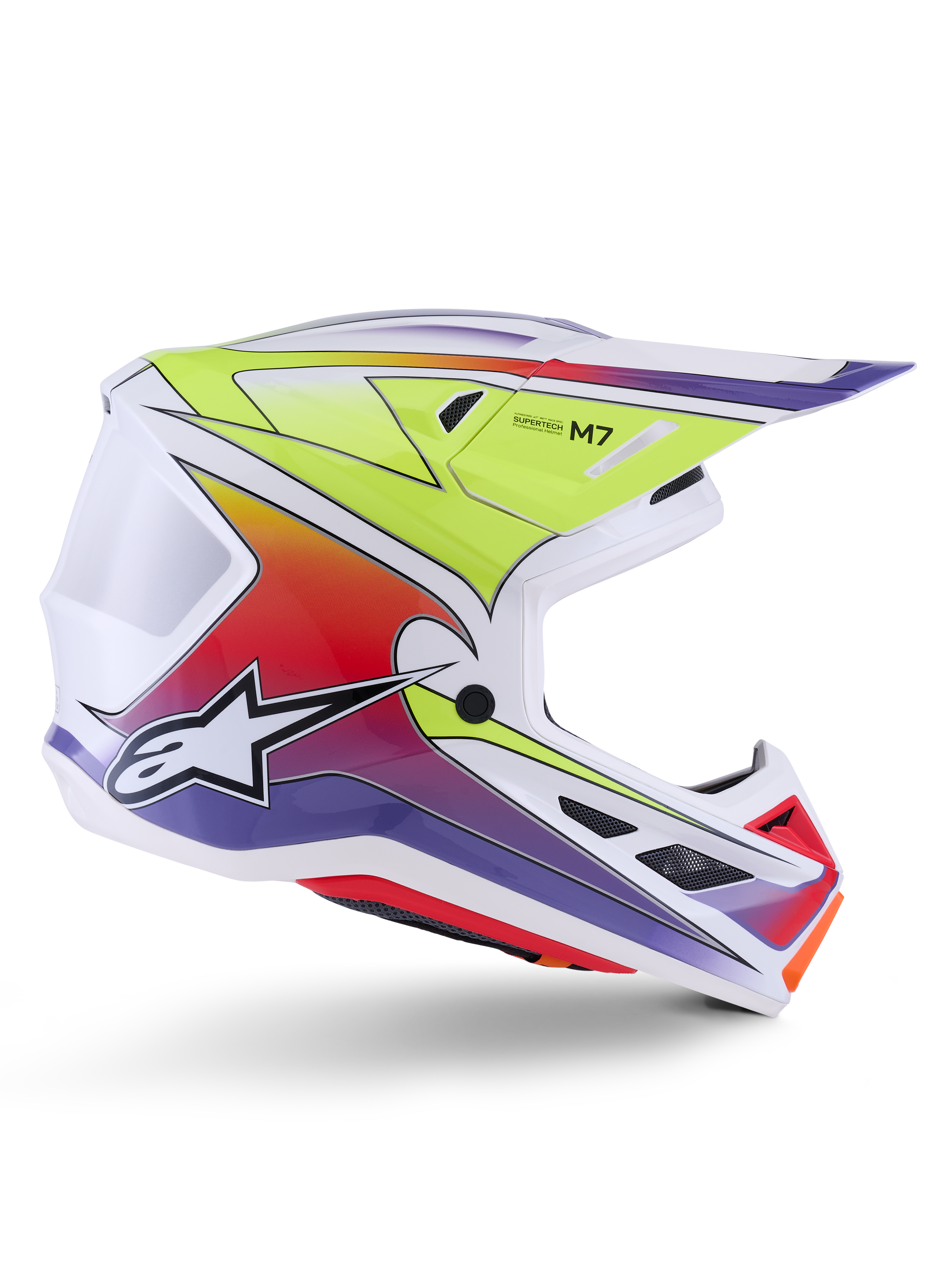 Capacete Alpinestars S-M7 Fuse, capacete de motocross, branco com gradientes em amarelo néon, vermelho e roxo, acabamento brilhante com calota aerodinâmica, viseira integrada e aberturas de ventilação em malha preta.