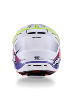Capacete Alpinestars S-M7 Fuse ECE 22.06, capacete de motocross, branco, amarelo néon e roxo brilhante, vista traseira com saídas de ar integradas, marca Alpinestars e logótipos laterais, design aerodinâmico e elegante da calota.