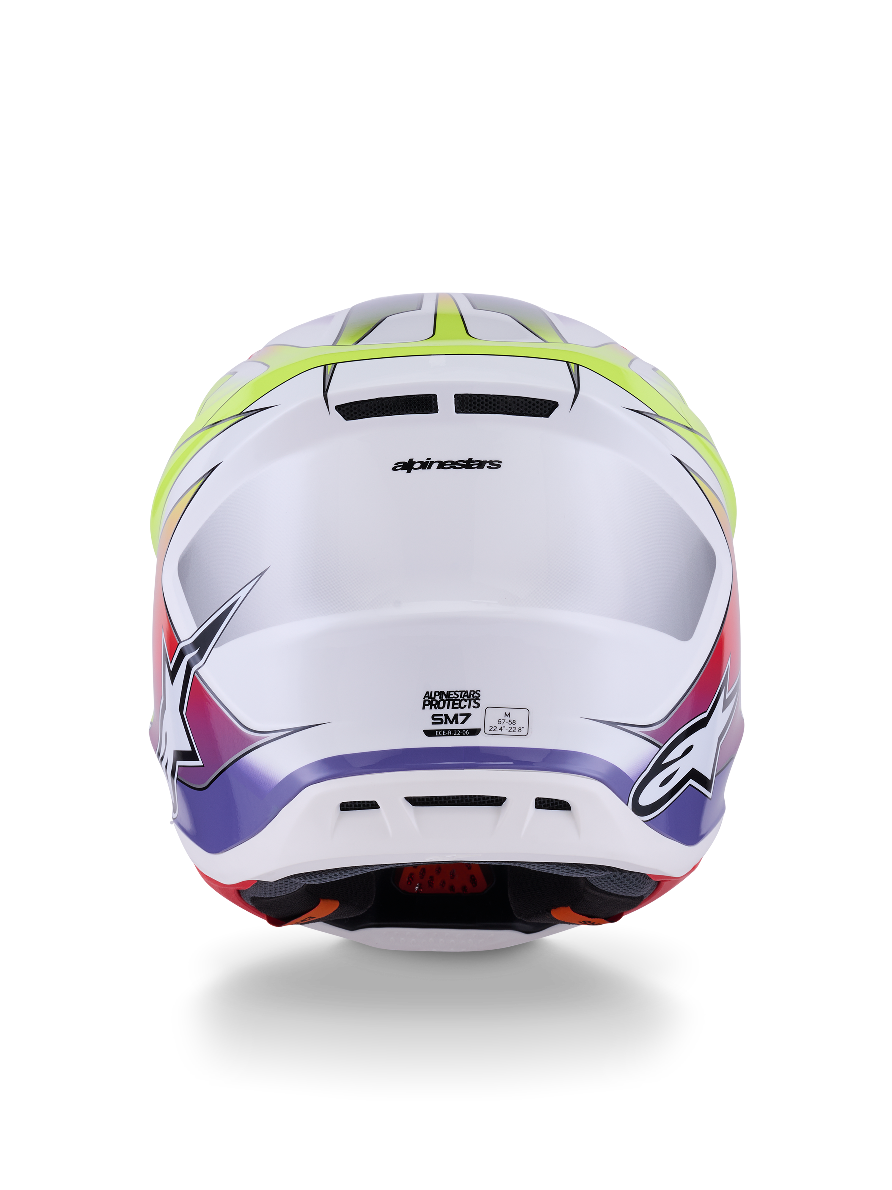 Capacete Alpinestars S-M7 Fuse ECE 22.06, capacete de motocross, branco, amarelo néon e roxo brilhante, vista traseira com saídas de ar integradas, marca Alpinestars e logótipos laterais, design aerodinâmico e elegante da calota.