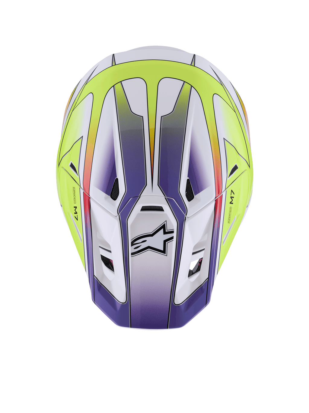 Capacete Alpinestars S-M7 Fuse, capacete de motocross, branco, amarelo néon e roxo brilhante, vista de cima mostrando a concha aerodinâmica com aberturas de ventilação e logótipo Alpinestars preto, proteção premium para corridas todo-o-terreno