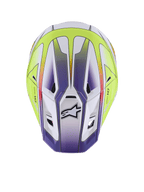 Capacete Alpinestars S-M7 Fuse, capacete de motocross, branco, amarelo néon e roxo brilhante, vista de cima mostrando a concha aerodinâmica com aberturas de ventilação e logótipo Alpinestars preto, proteção premium para corridas todo-o-terreno