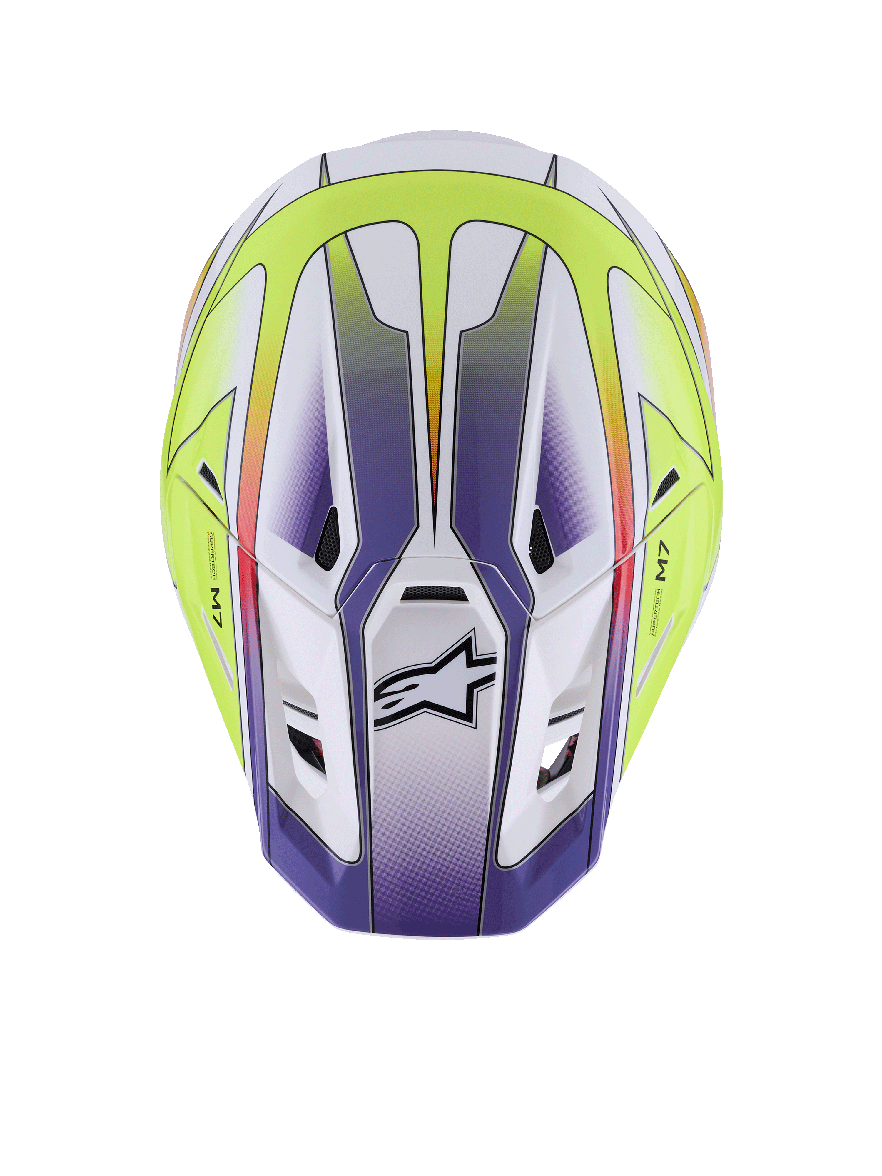 Capacete Alpinestars S-M7 Fuse, capacete de motocross, branco, amarelo néon e roxo brilhante, vista de cima mostrando a concha aerodinâmica com aberturas de ventilação e logótipo Alpinestars preto, proteção premium para corridas todo-o-terreno