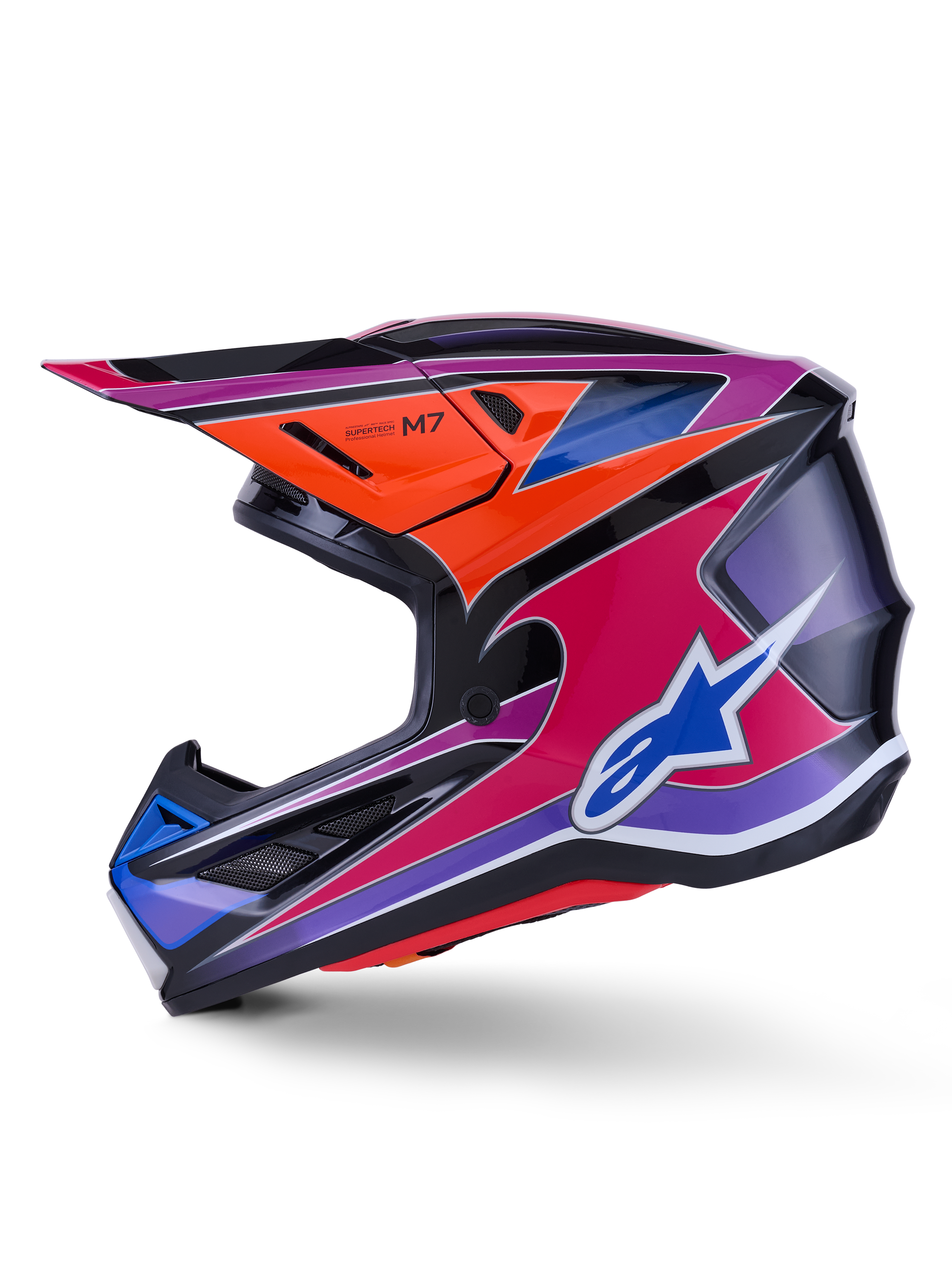 Alpinestars S-M7 Fuse Helmet, Motocross Helmet, Blue Purple Pink and Orange Glossy, vibrant multi-colored graphic design with blue Alpinestars logo, aerodynamic composite shell with protective visor and ventilation ports, professional off-road racing gear