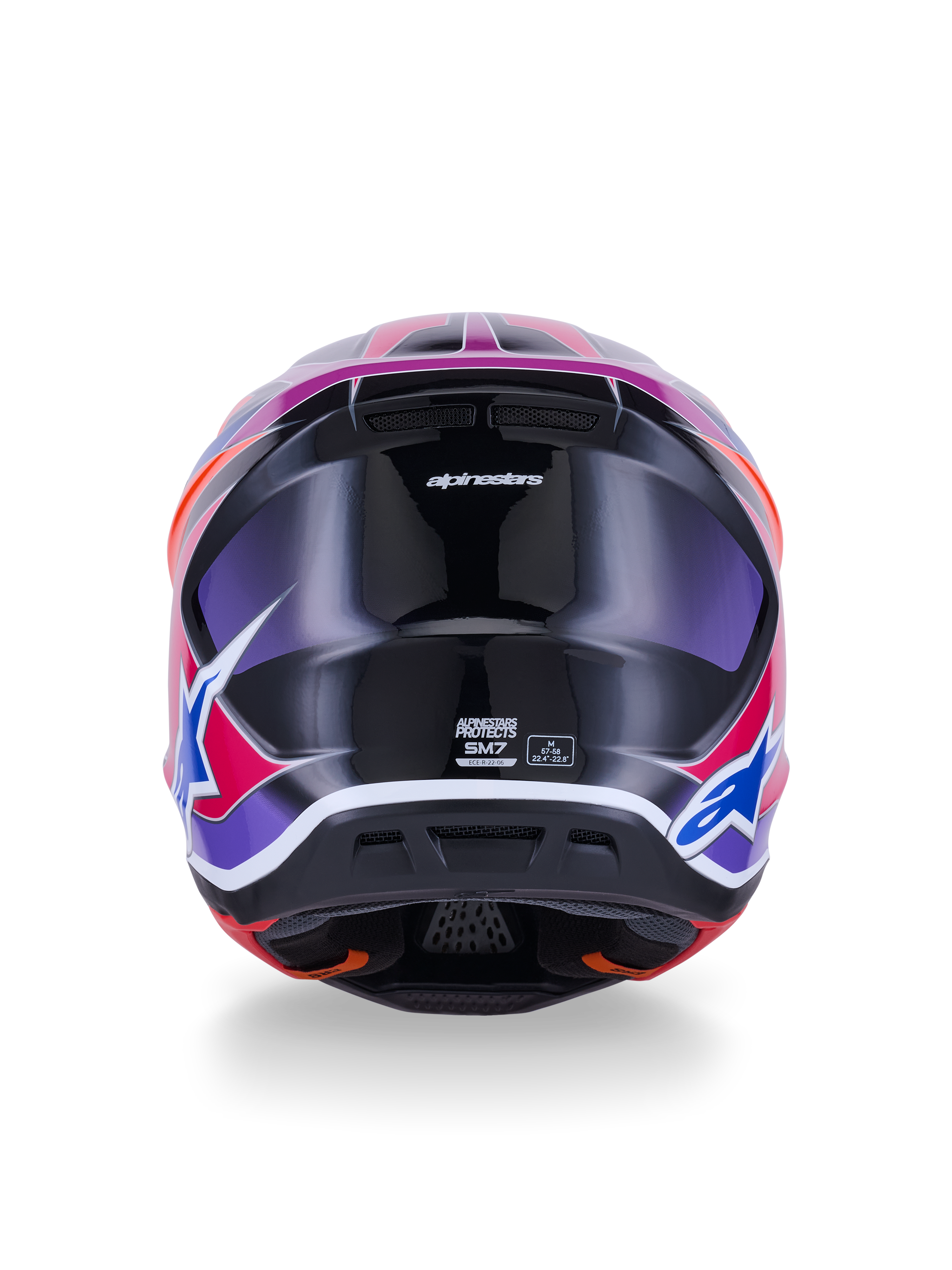 Alpinestars S-M7 Fuse Helmet, Motocross Helmet, Rear View, Blue Purple Pink Glossy, vibrant pink and purple graphics on a glossy black shell, featuring ventilation ports and ECE 22.06 certification label